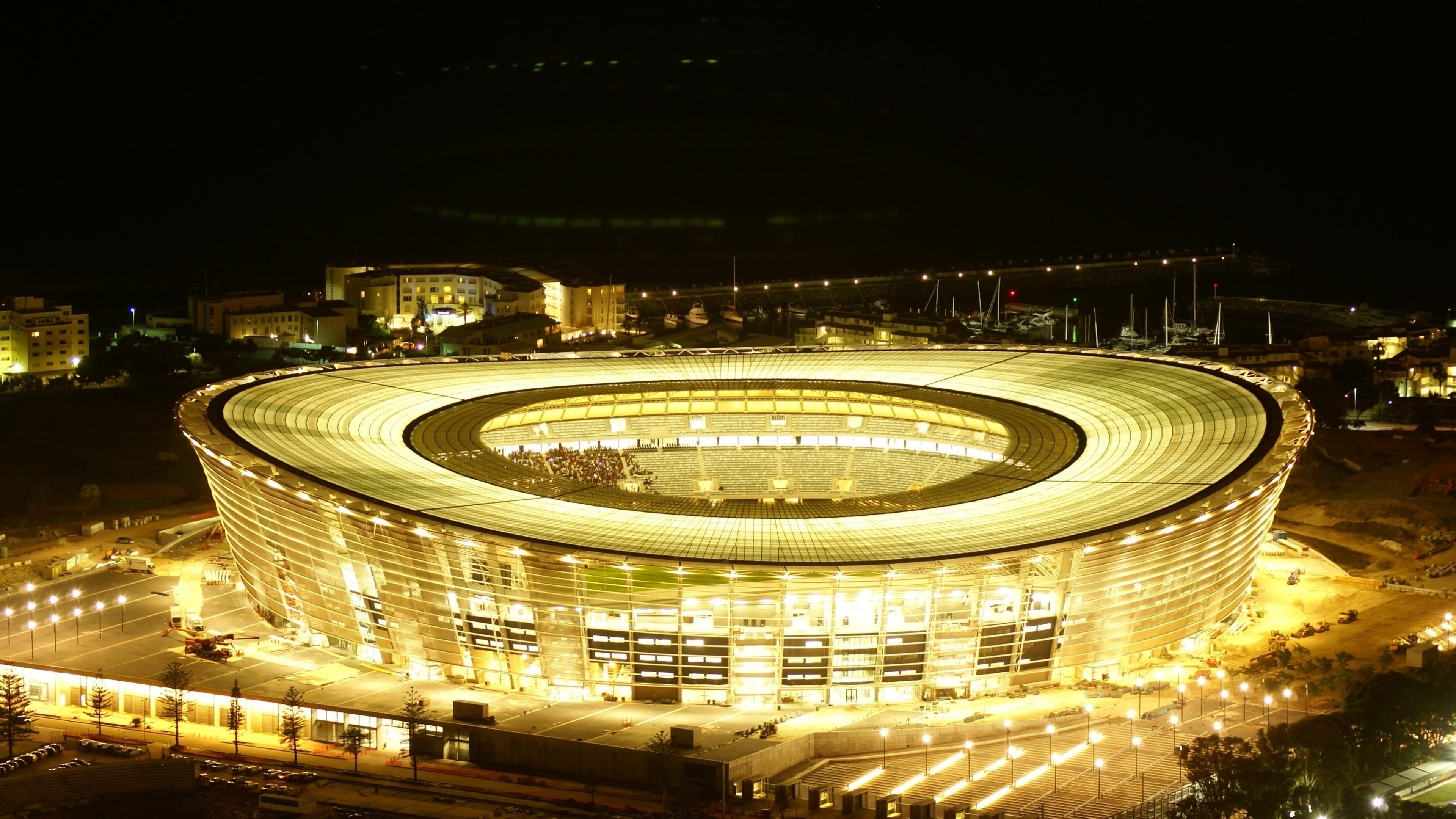 football, long-exposure photography, 4K, architecture, stadium, green point, south africa, light, cape town, soccer, night, urban, rugby, sport venue, HD Wallpaper