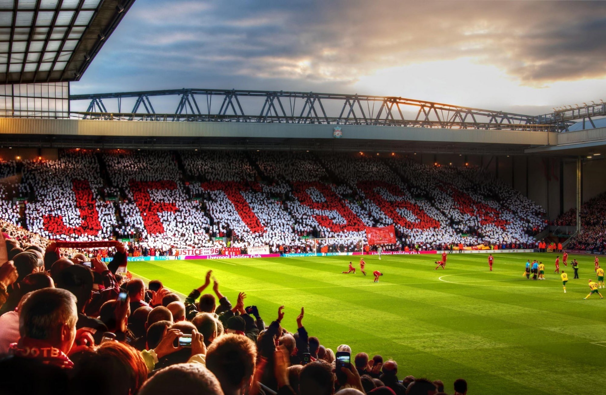 real people, built structure, large group of people, Sports, crowd, outdoors, architecture, men, stadium, premier league, grass, adult, team sport, liverpool, HD Wallpaper