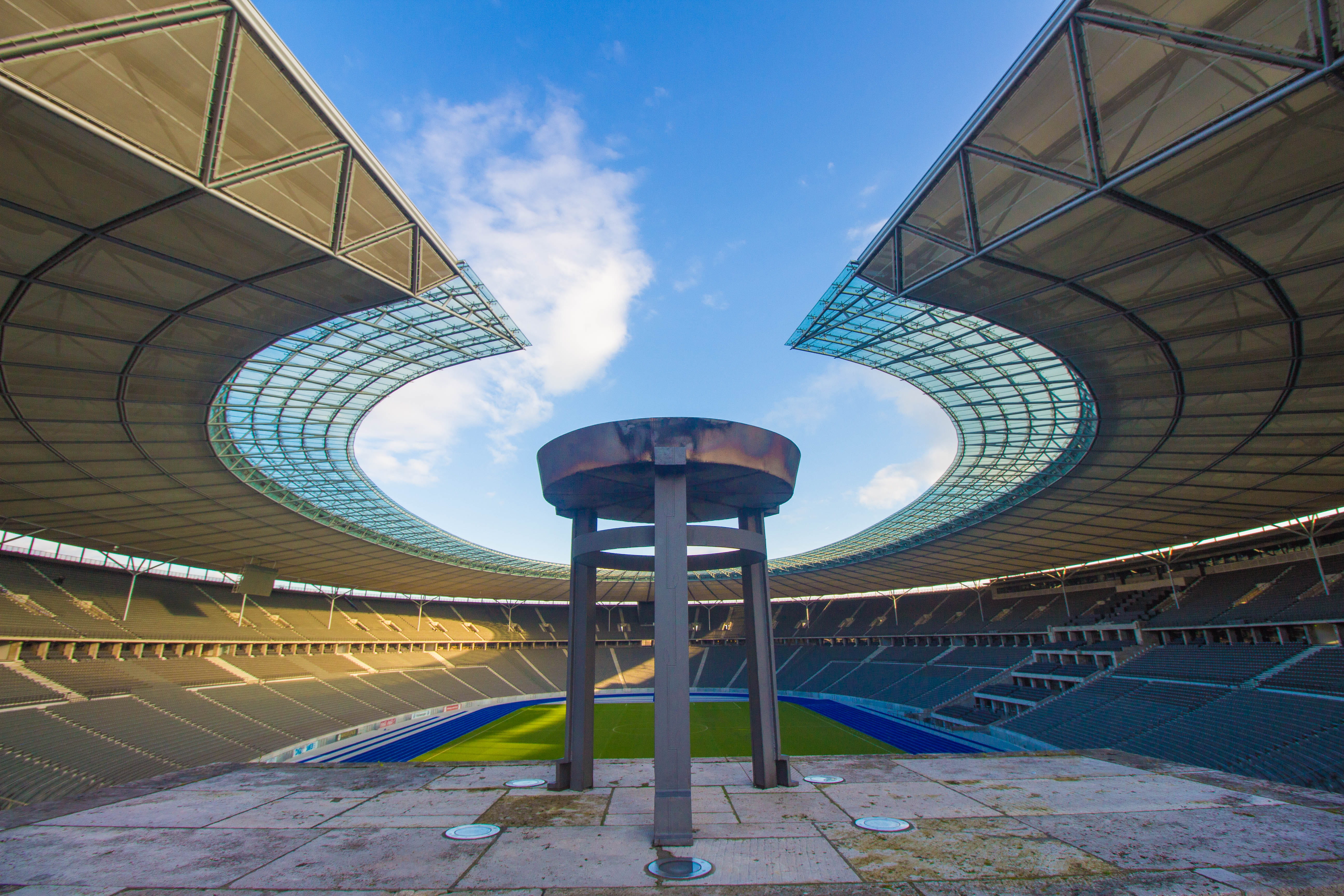 stadium, torch, day, blue, travel destinations, built structure, germany, sky, outdoors, 5K, football, olympics, tall - high, metal, cloud - sky, building exterior, HD Wallpaper