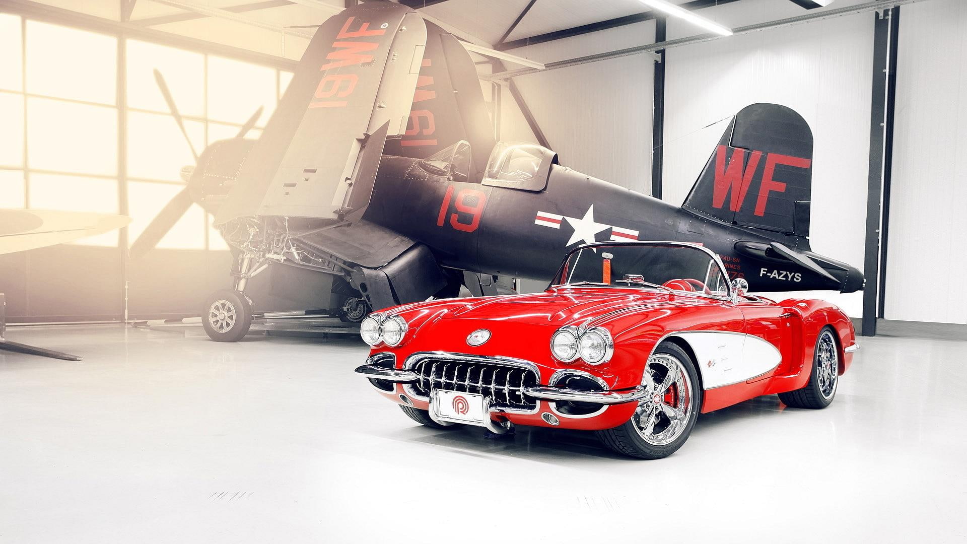 1080P, hanger, convertible, corvette, wii, plane, cars, next, HD Wallpaper