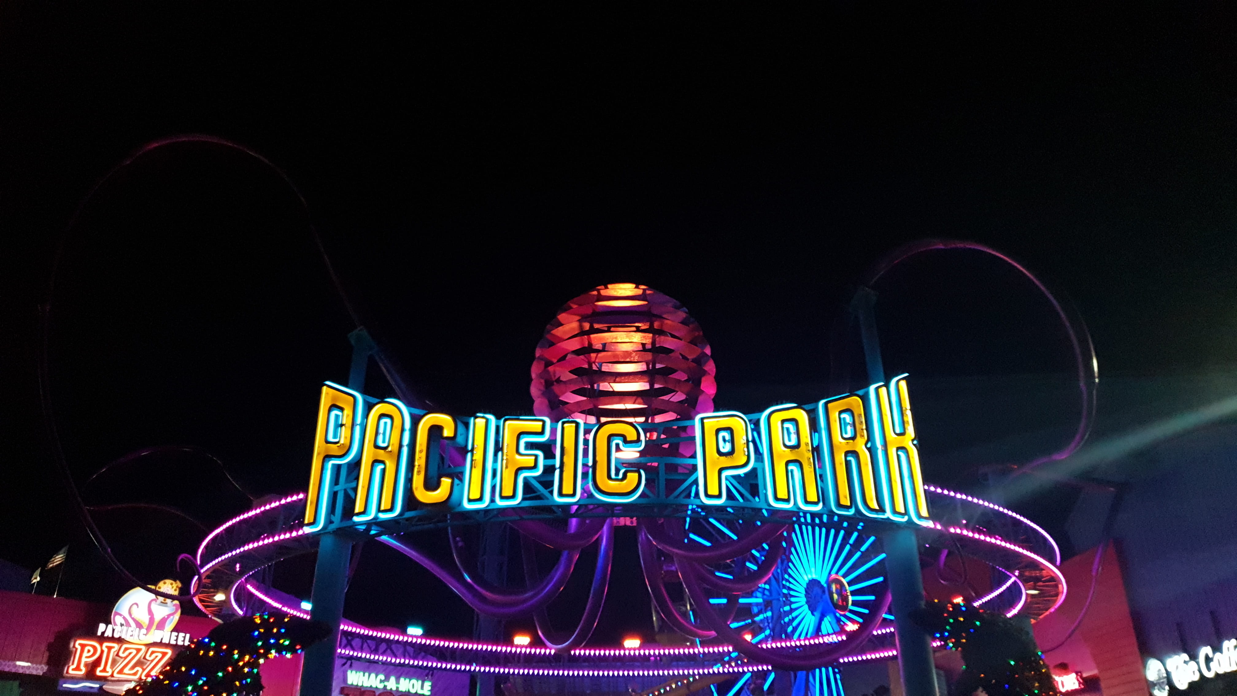 town, lighting equipment, communication, amusement park ride, night, pacific, metropolis, ca, usa, illuminated, city, long exposure, lighting, 4K, light, HD Wallpaper