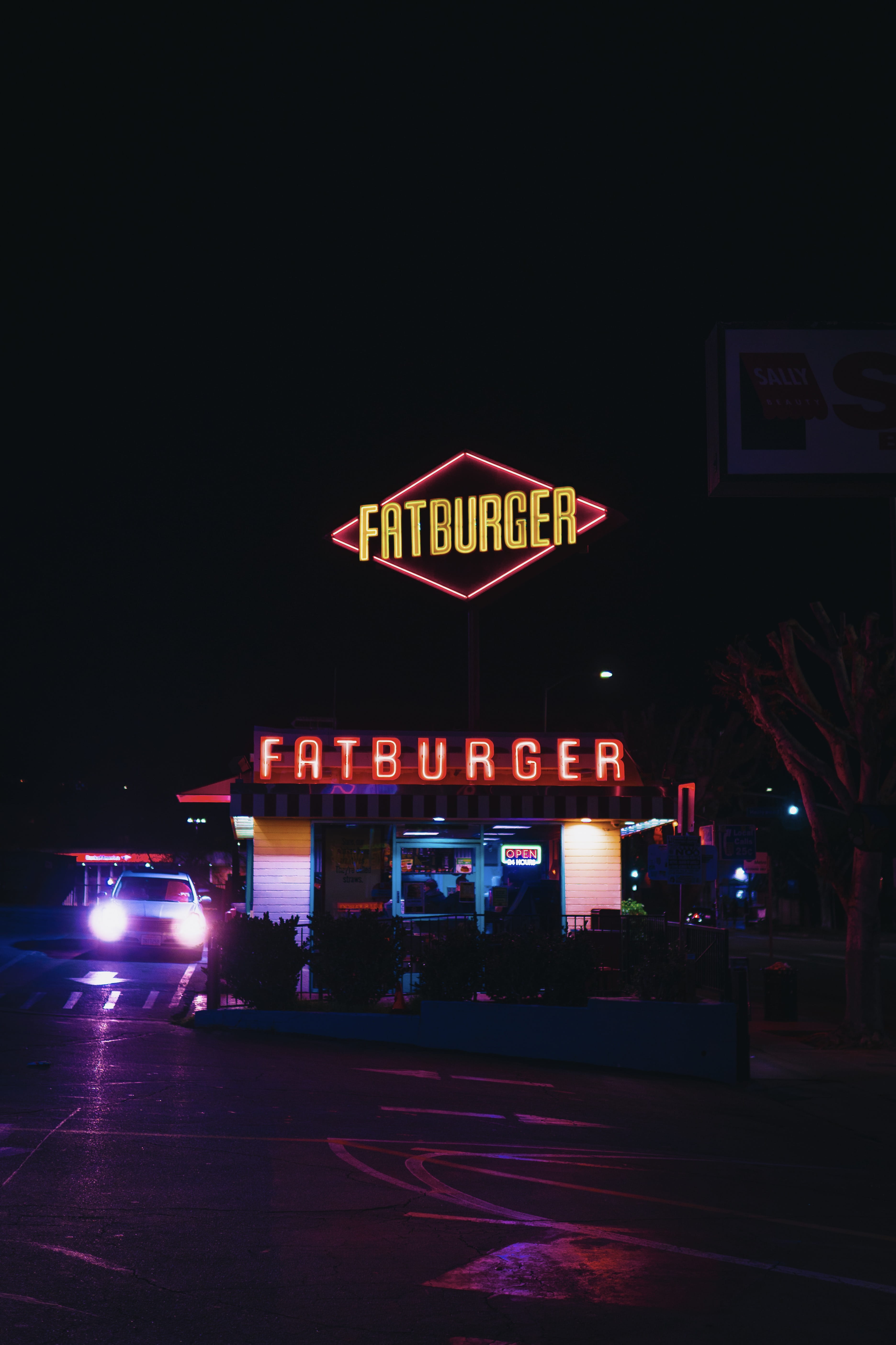 no people, light, headlight, diner, road, lighting, text, person, transportation, 5K, neon, car, parked, dish, restaurant, automobile, meal, shop, motor vehicle, Phone HD Wallpaper