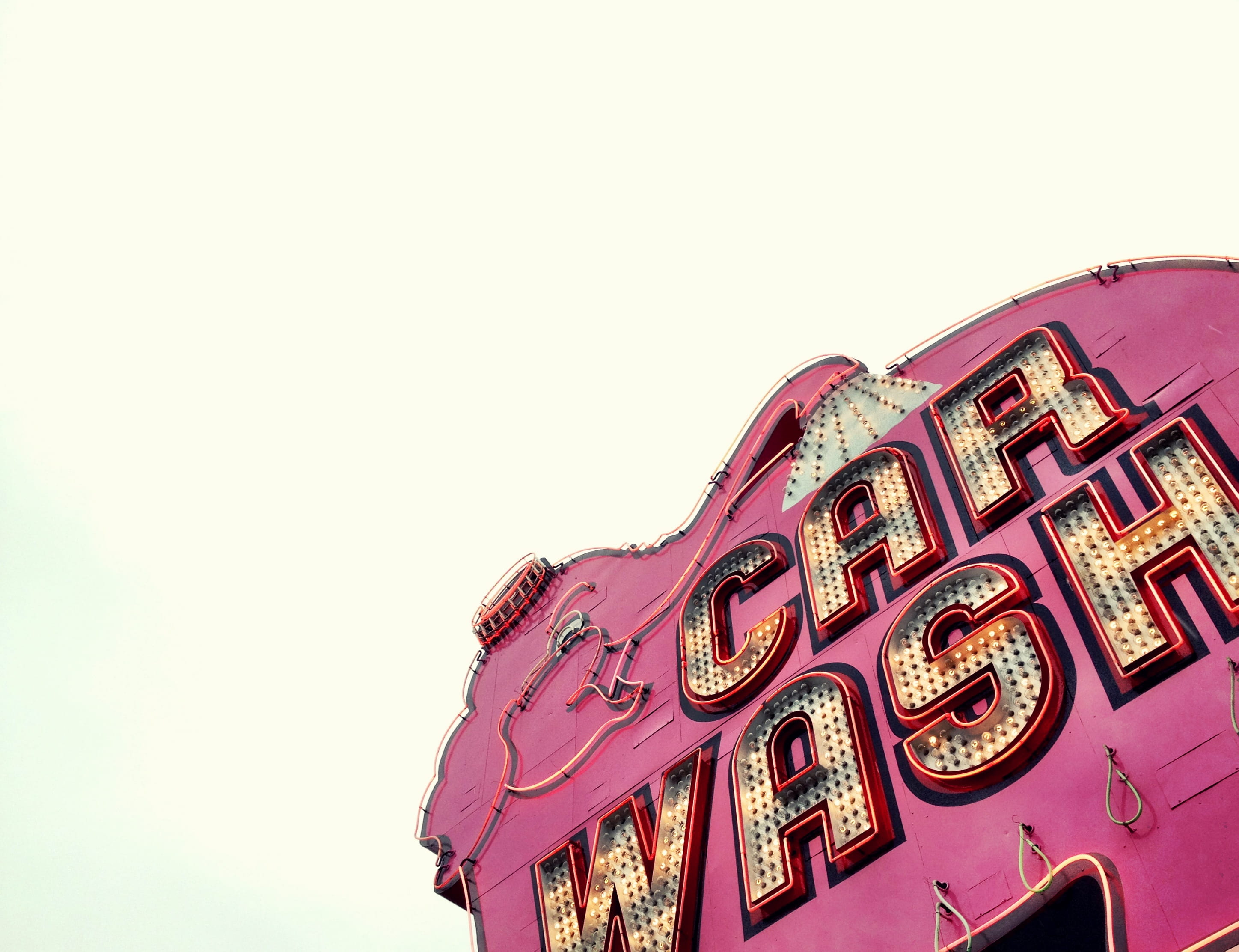 carwash, elephant, neon, diner, clear sky, low angle view, built structure, united states, 2K, communication, western script, commercial sign, aurora ave n and denny way, HD Wallpaper