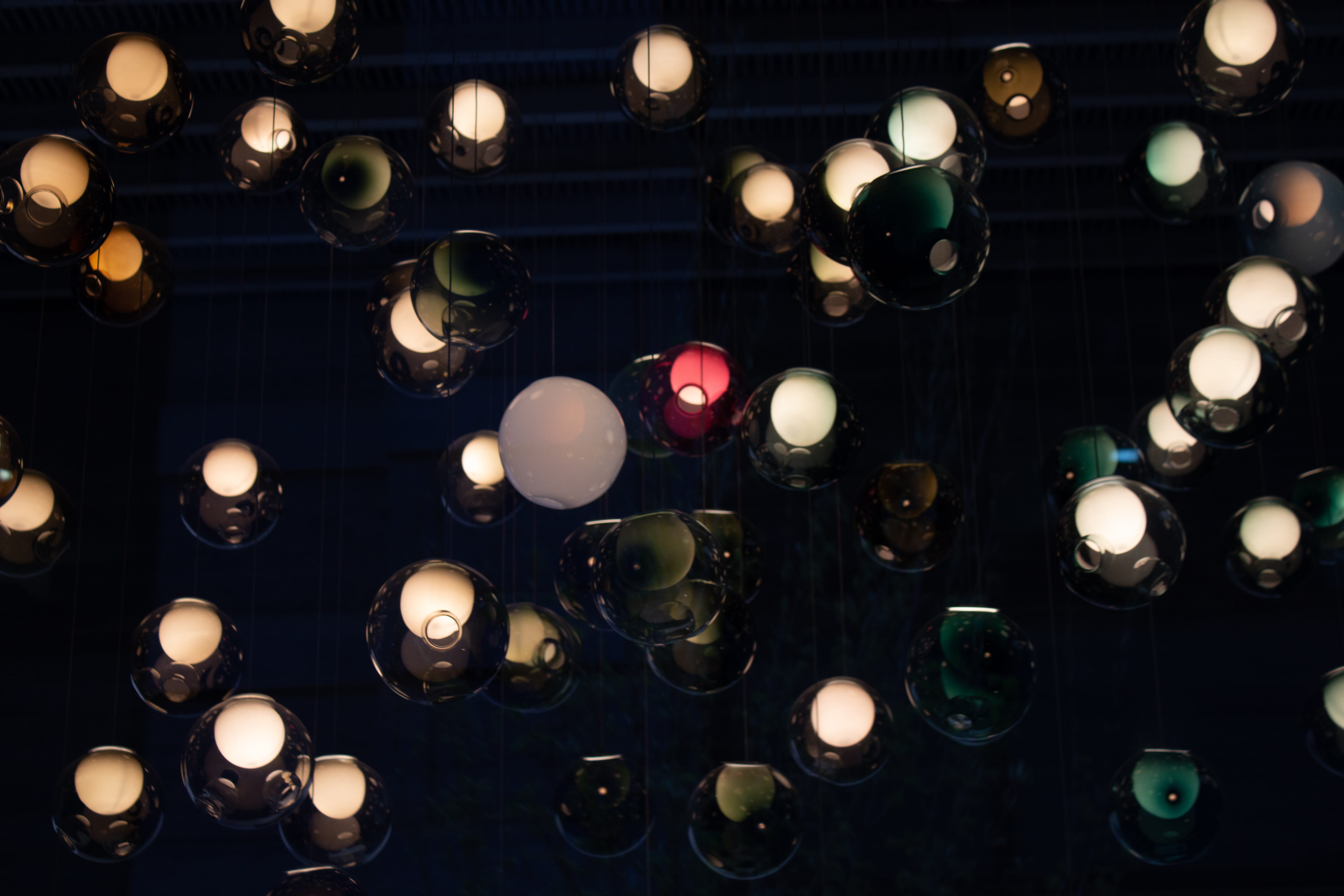 glowing, illuminated, balls, low angle view, light bulb, light fixture, 5K, architecture, no people, electricity, in a row, bubble, lighting, indoors, HD Wallpaper