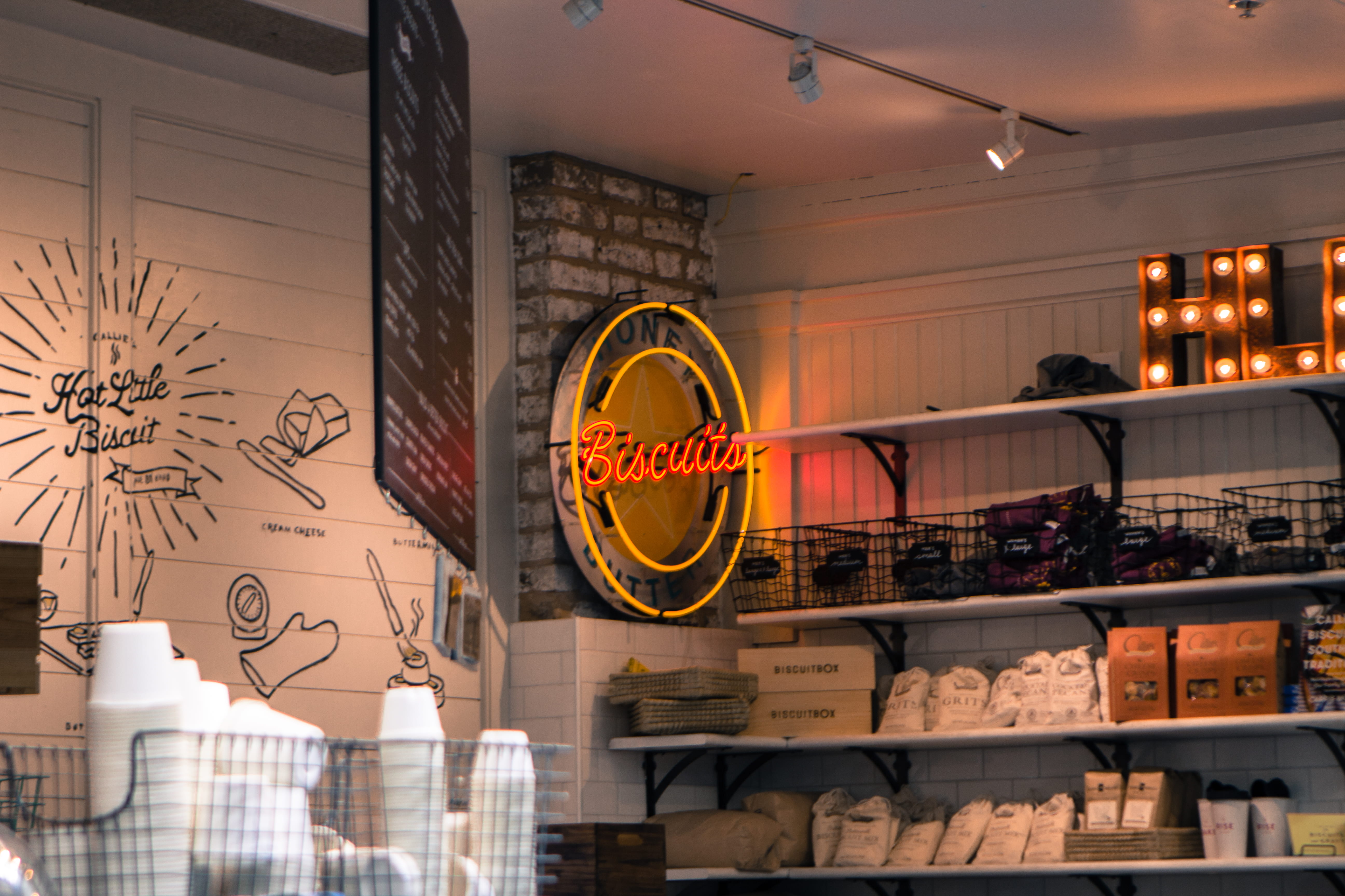 light, #biscuit, #diner, 5K, products, hanged, business, neon sign, counter, restaurant interior, brick, day, yellow, no people, wall - building feature, HD Wallpaper