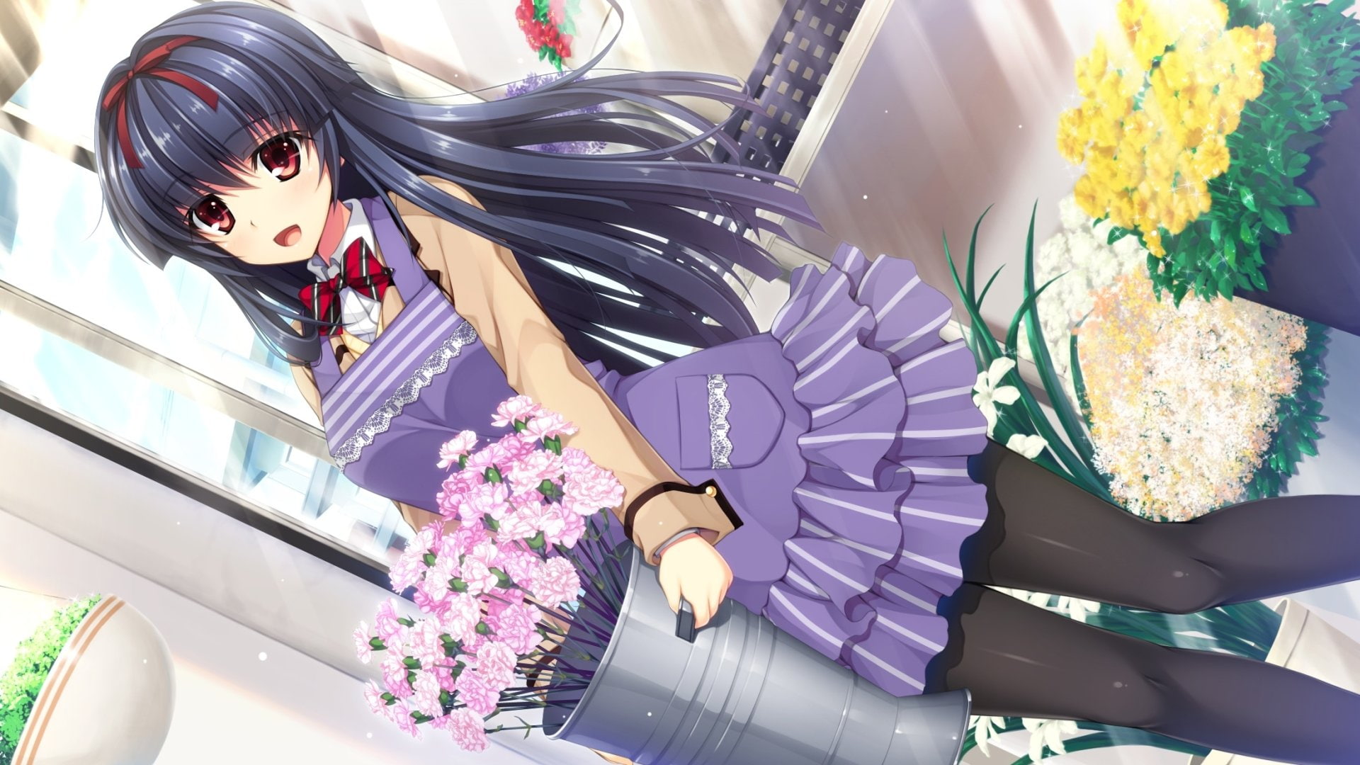 Long Hair, Honami Himekawa, Blush, Girl, Anime, Smile, Flower, Pretty x Cation 2, Ribbon, Brown Eyes, 1080P, Thigh Highs, Blue Hair, HD Wallpaper