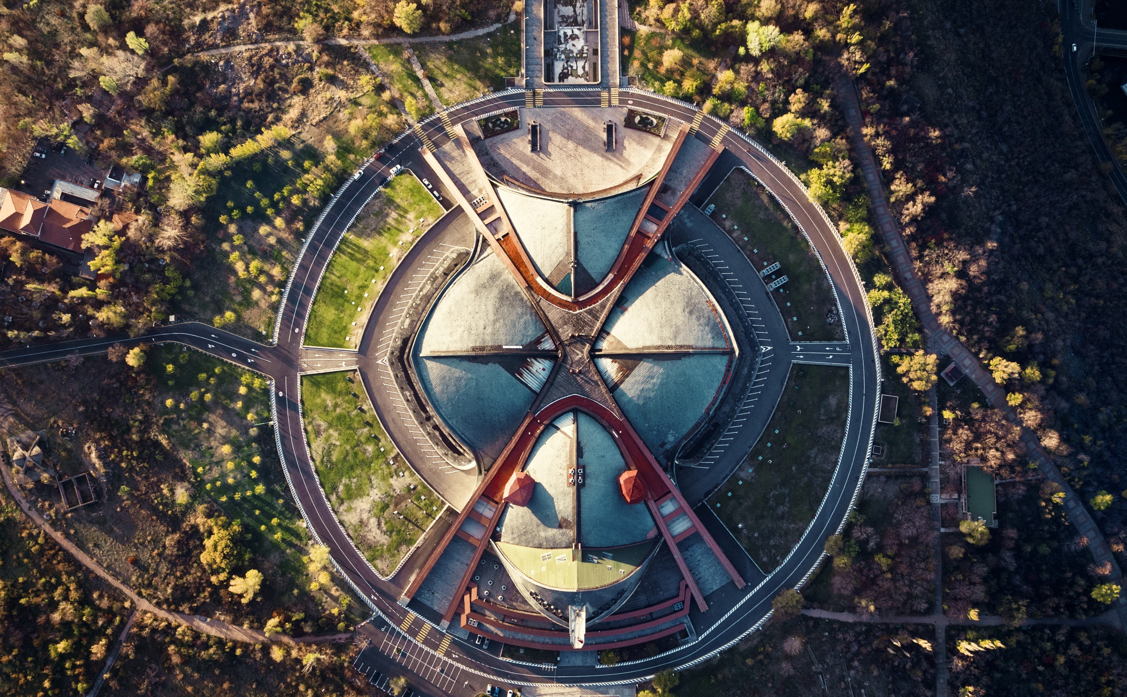 metal, demirchyan, no people, hayk, tree, Aerial, digital, Architecture, buildings, design, b, plant, day, water, trees, geometric shape, autumn, HD Wallpaper