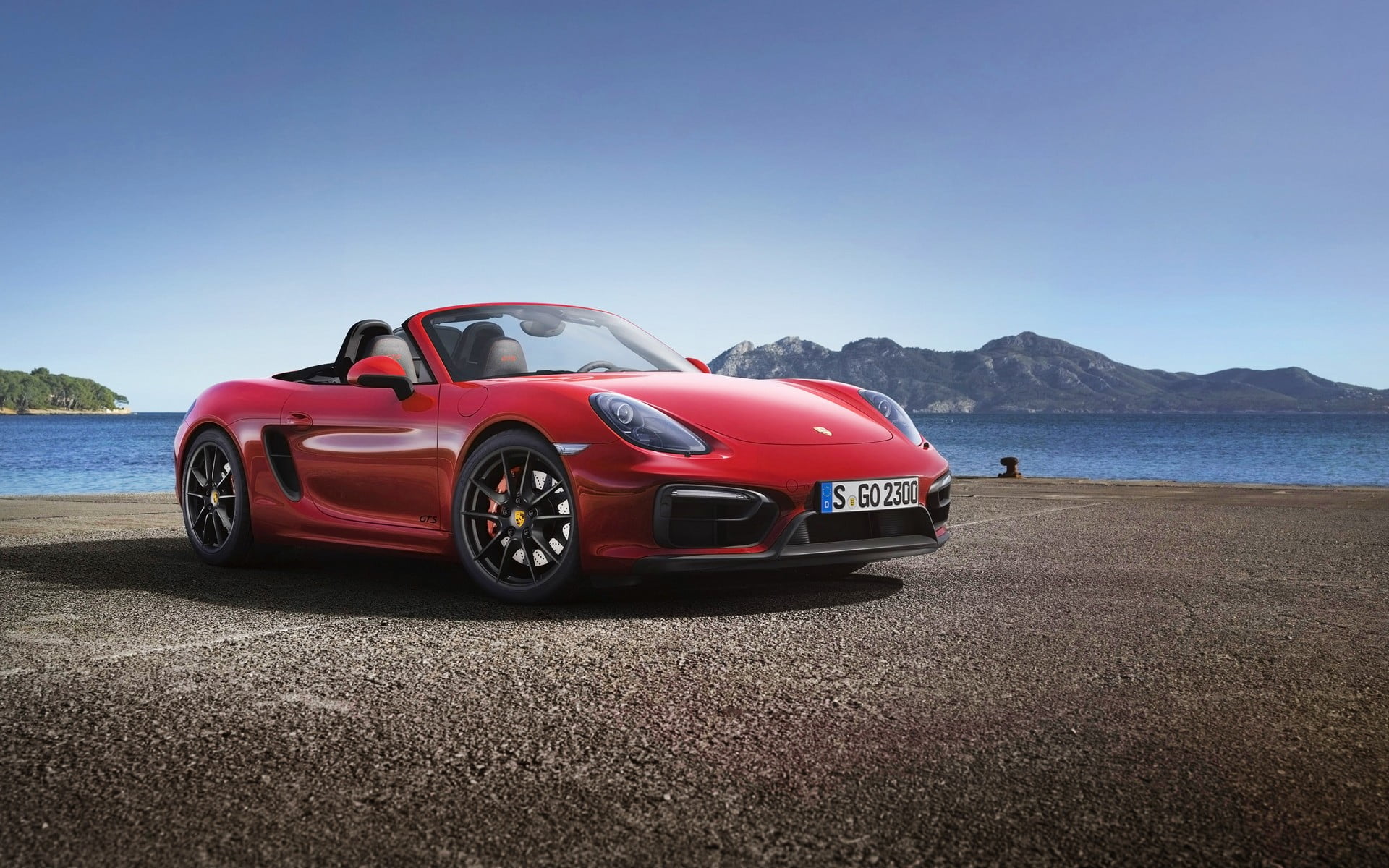 water, vehicle, wheel, transportation, land vehicle, no people, mountain, red, sunlight, coupe, Porsche Boxster GTS, nature, clear sky, sea, Porsche, land, HD Wallpaper