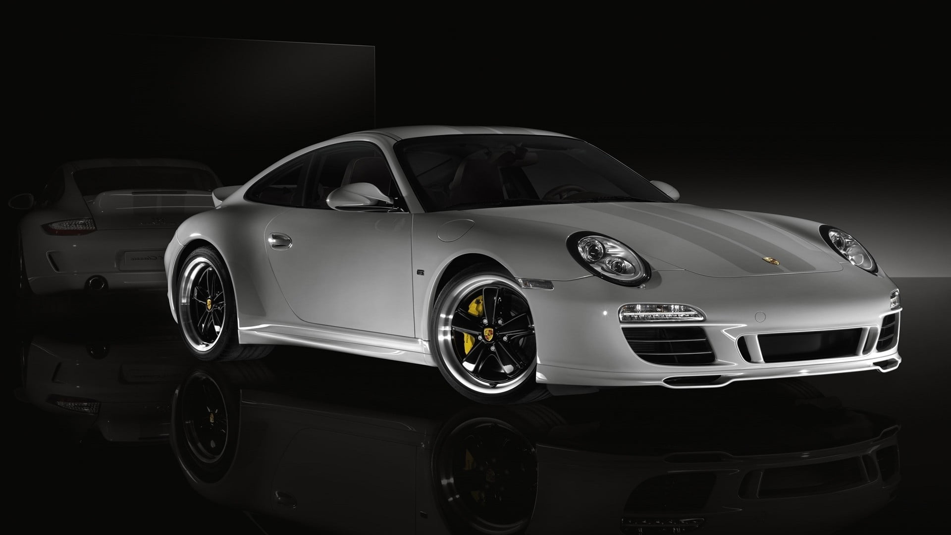 hatchback, land vehicle, 1080P, black background, retro styled, white, competition, motorsport, stationary, mode of transportation, Porsche 911, reflection, HD Wallpaper