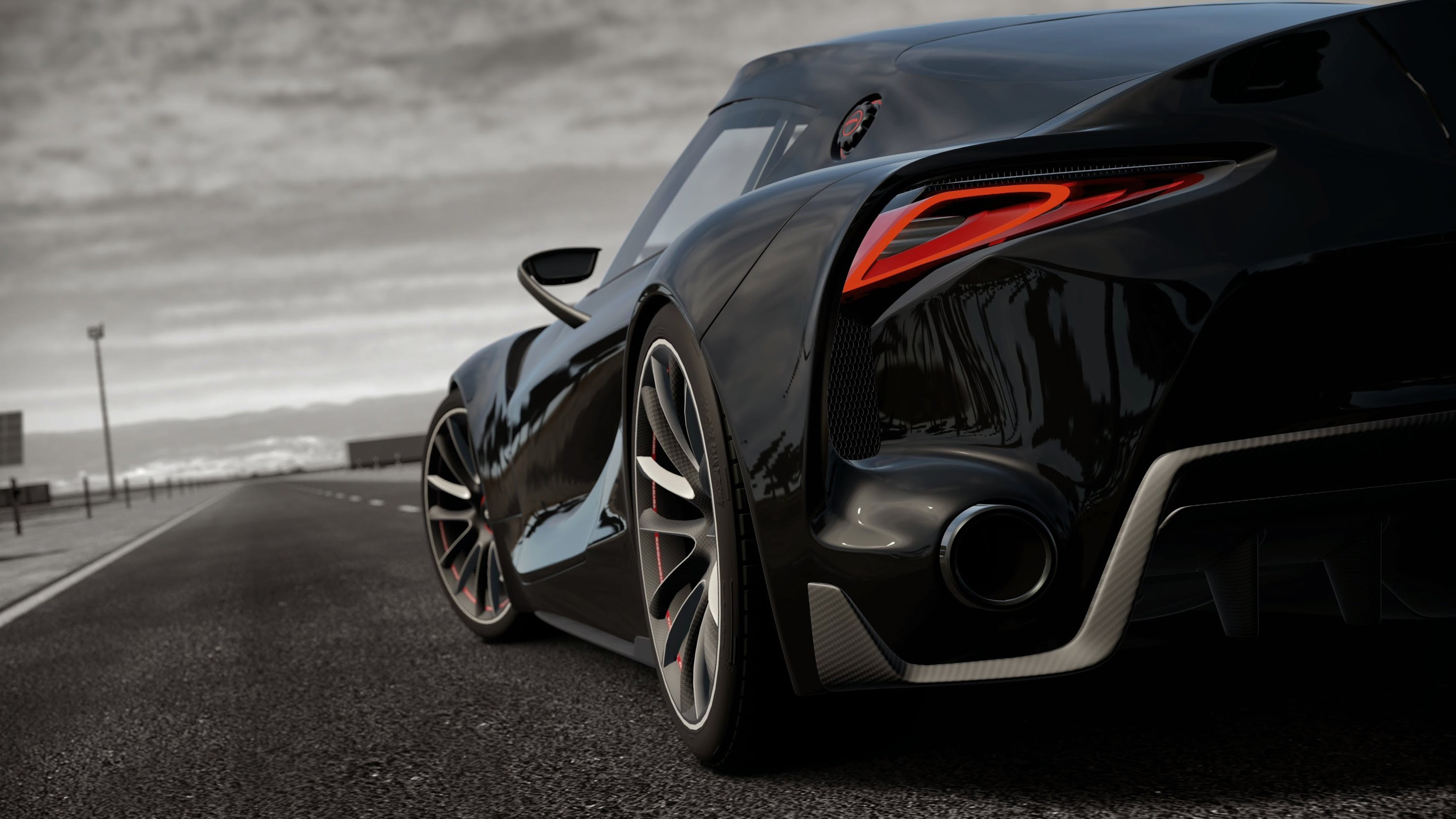 Toyota FT-1, vehicle, black, sky, black color, car, transportation, city, asphalt, symbol, focus on foreground, day, no people, mode of transportation, HD Wallpaper