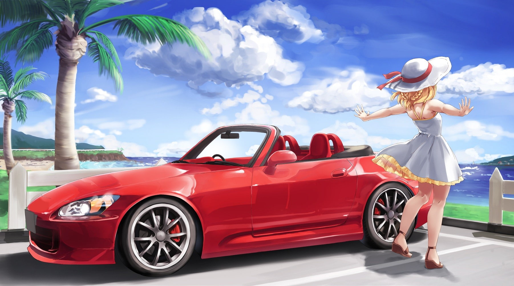 red, dress, cloud - sky, anime, hat, couple - relationship, sky, fashion, women, adult, luxury, tropical climate, honda s2000, wealth, positive emotion, HD Wallpaper