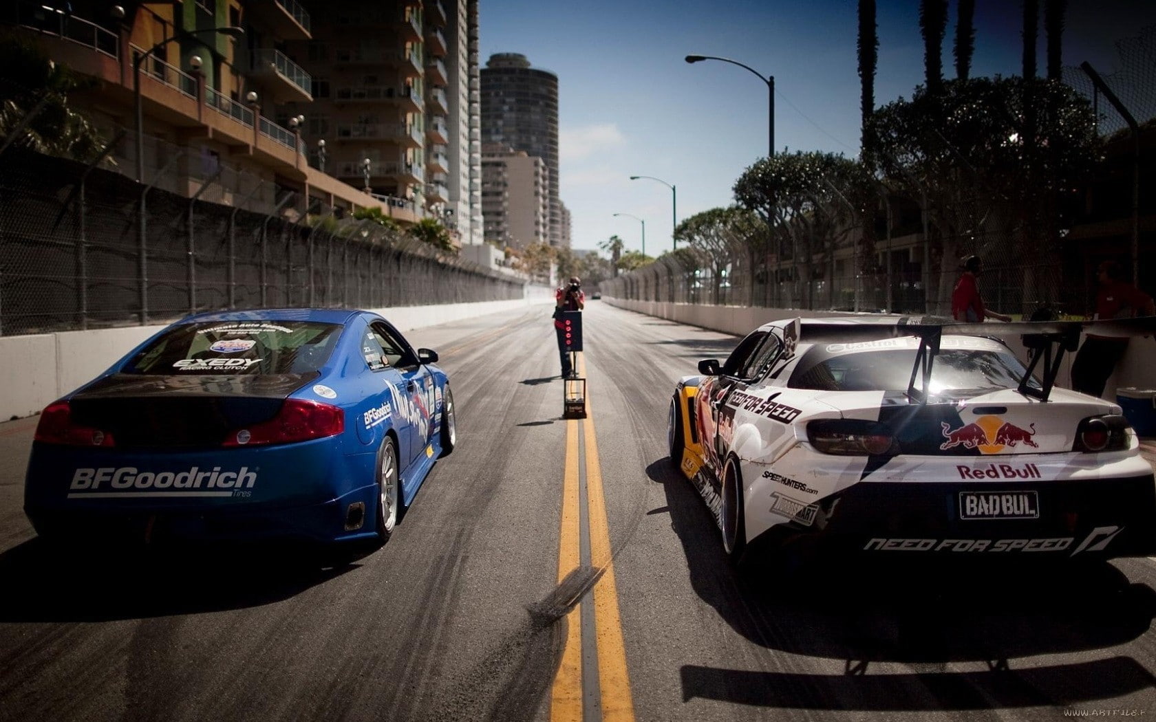 Red Bull, city, men, drift, building exterior, one person, motor vehicle, Mazda RX-8, sign, real people, the way forward, land vehicle, city life, mode of transportation, HD Wallpaper