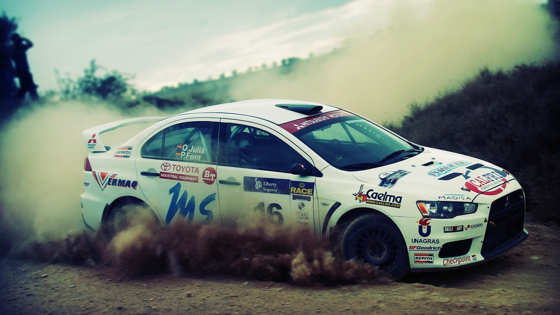 land vehicle, focus on foreground, close-up, pollution, field, tree, race cars, transportation, plant, Mitsubishi Lancer, land, number, ex, sky, road, nature, HD Wallpaper