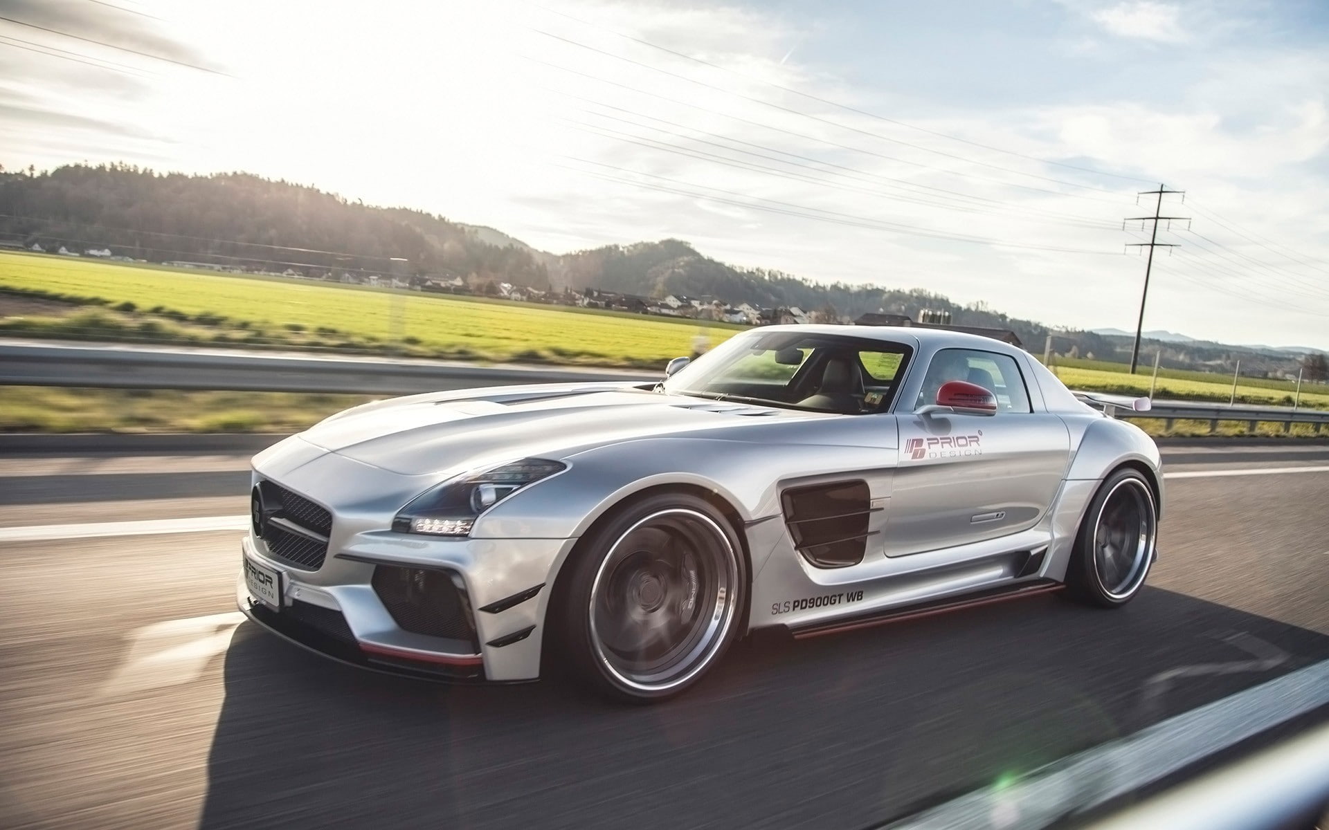 cloud - sky, outdoors, day, motion, Mercedes-Benz SLS AMG, land vehicle, no people, car, speed, sunlight, Mercedes-Benz SLS AMG PD900GT, luxury, Prior Design, HD Wallpaper