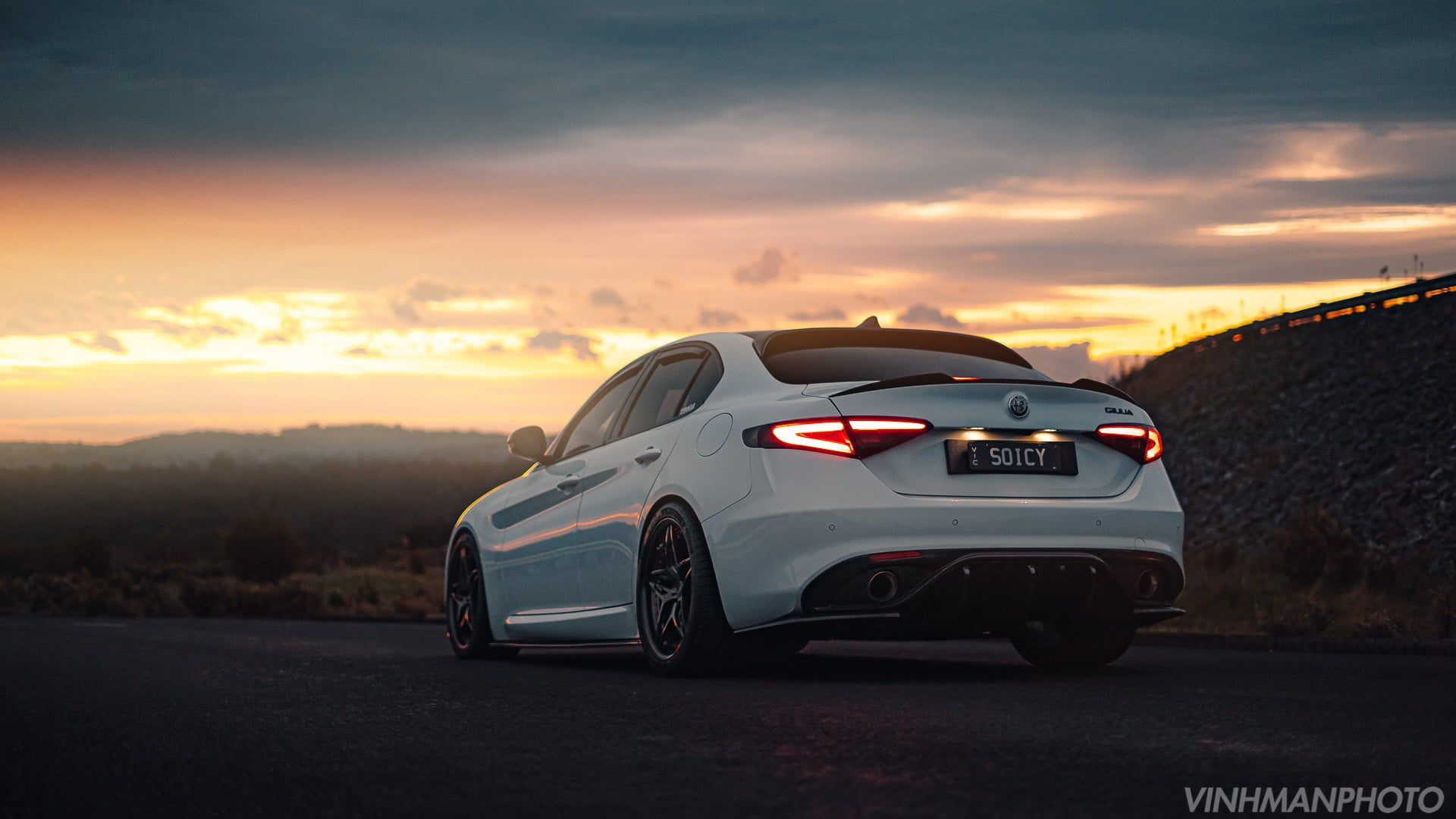 Alfa Romeo Guilia, Tailights, clouds, sports car, vehicle, 1080P, road, car, sunset, Alfa Romeo, white cars, italian cars, HD Wallpaper