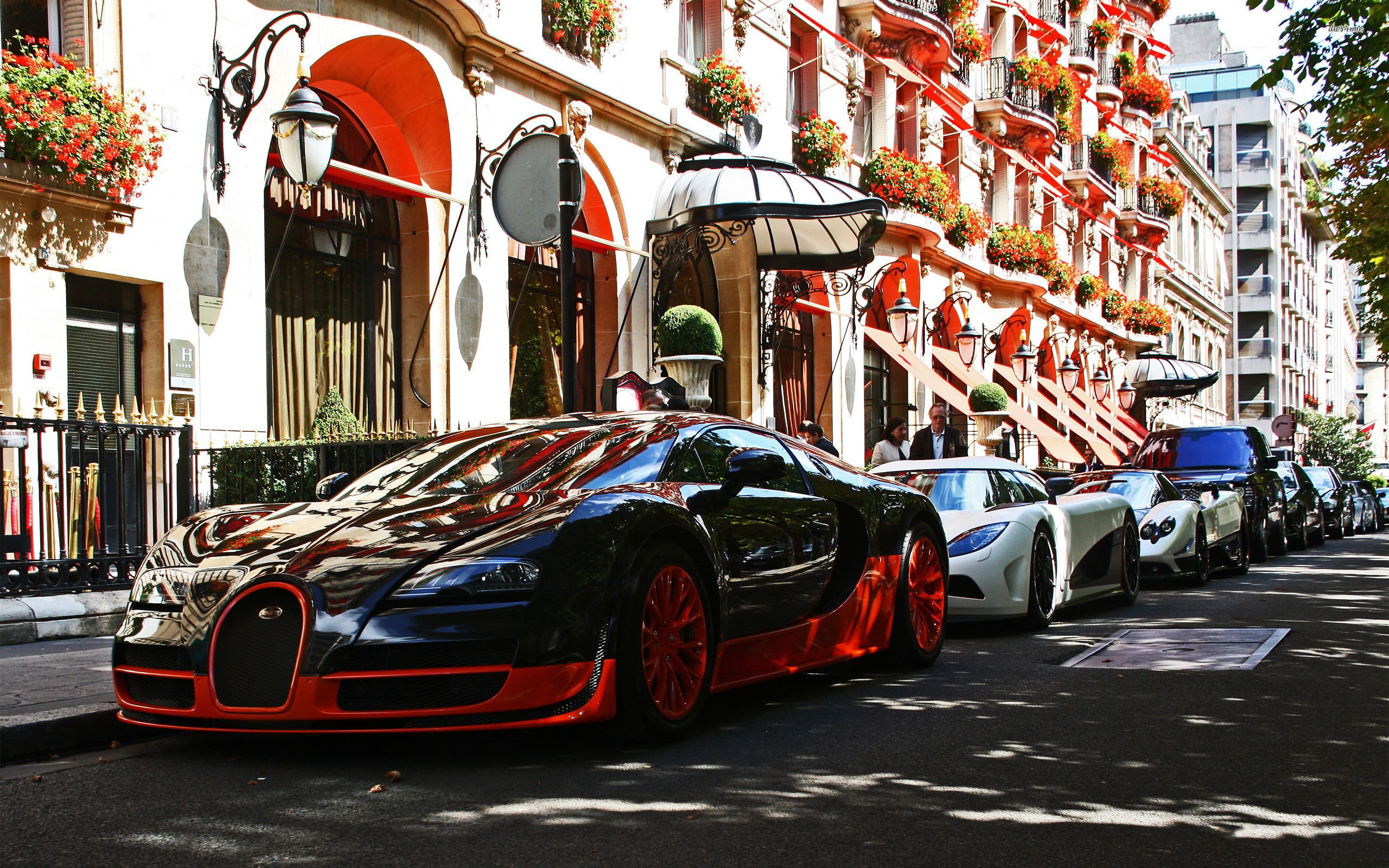 day, structure, city street, built structure, Bugatti, mode of transportation, street, transportation, Pagani, in a row, Bugatti Veyron, motor vehicle, HD Wallpaper