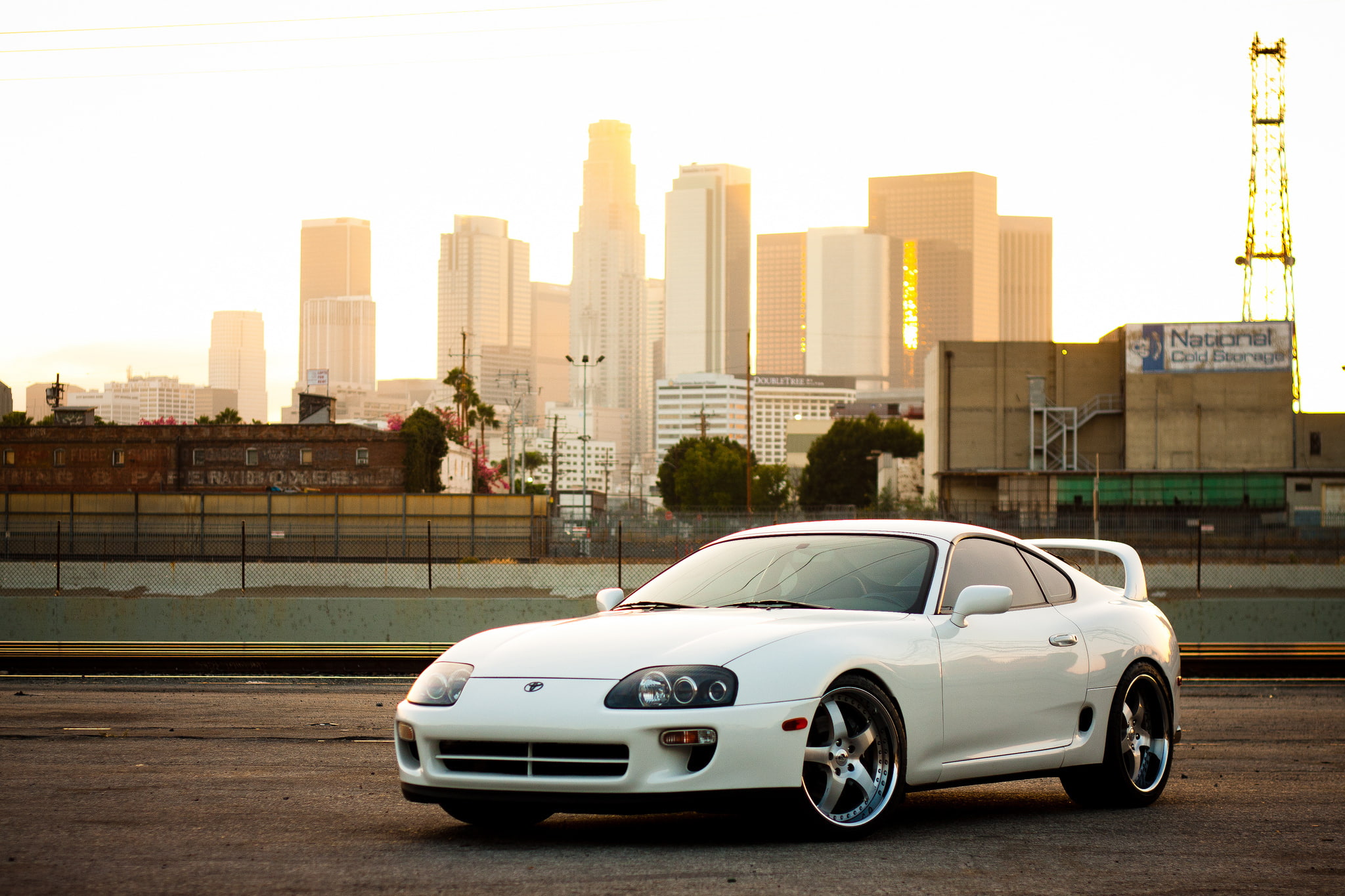 Toyota, white, supra, the city, 1080P, railway, railroad, coupe, HD Wallpaper
