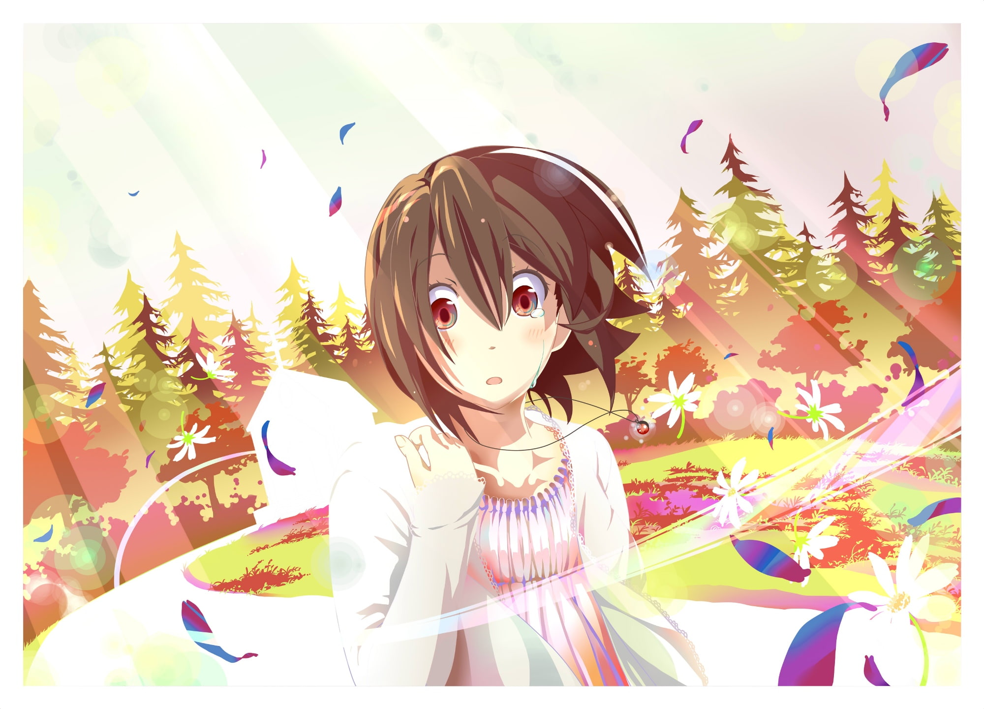 monaral jiro, tears, eyes, brown, himeko, blush, hair, necklace, forest, connect, short, grass, inaba, 1080P, kokoro, tree, red, HD Wallpaper