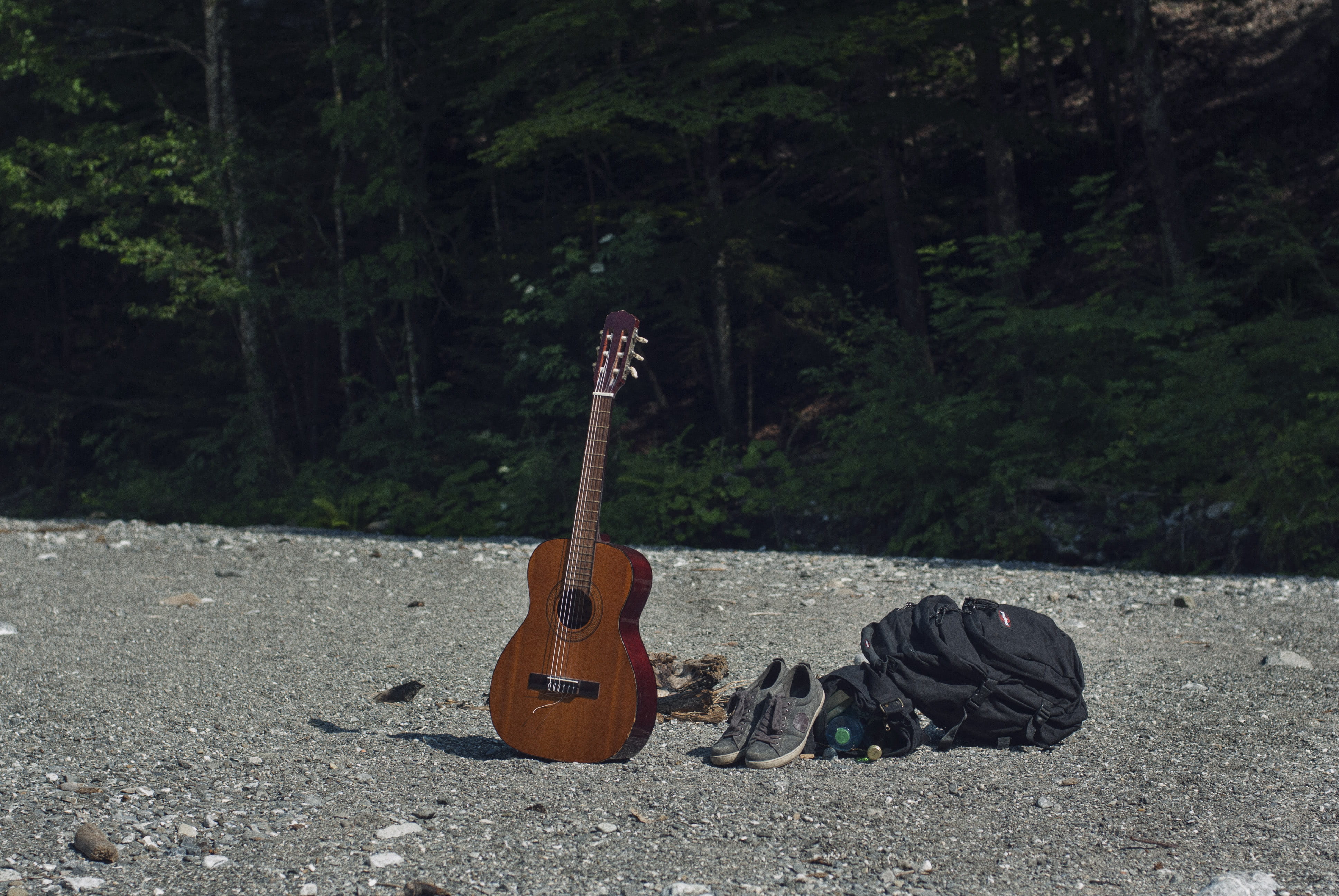 trees, gravel, musical equipment, vorarlberg, forest, plant, guitar, outdoors, backpack, at the lake, land, musical instrument, wood - material, day, campsite, HD Wallpaper