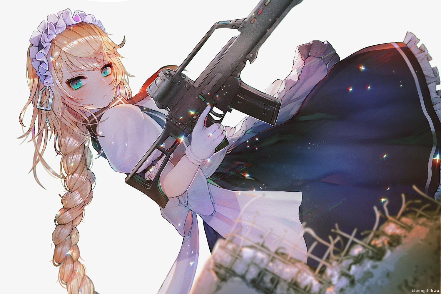 sky, anime girls, weapon, representation, indoors, white background, nature, blonde, day, pink color, arts culture and entertainment, machine gun, anime, HD Wallpaper