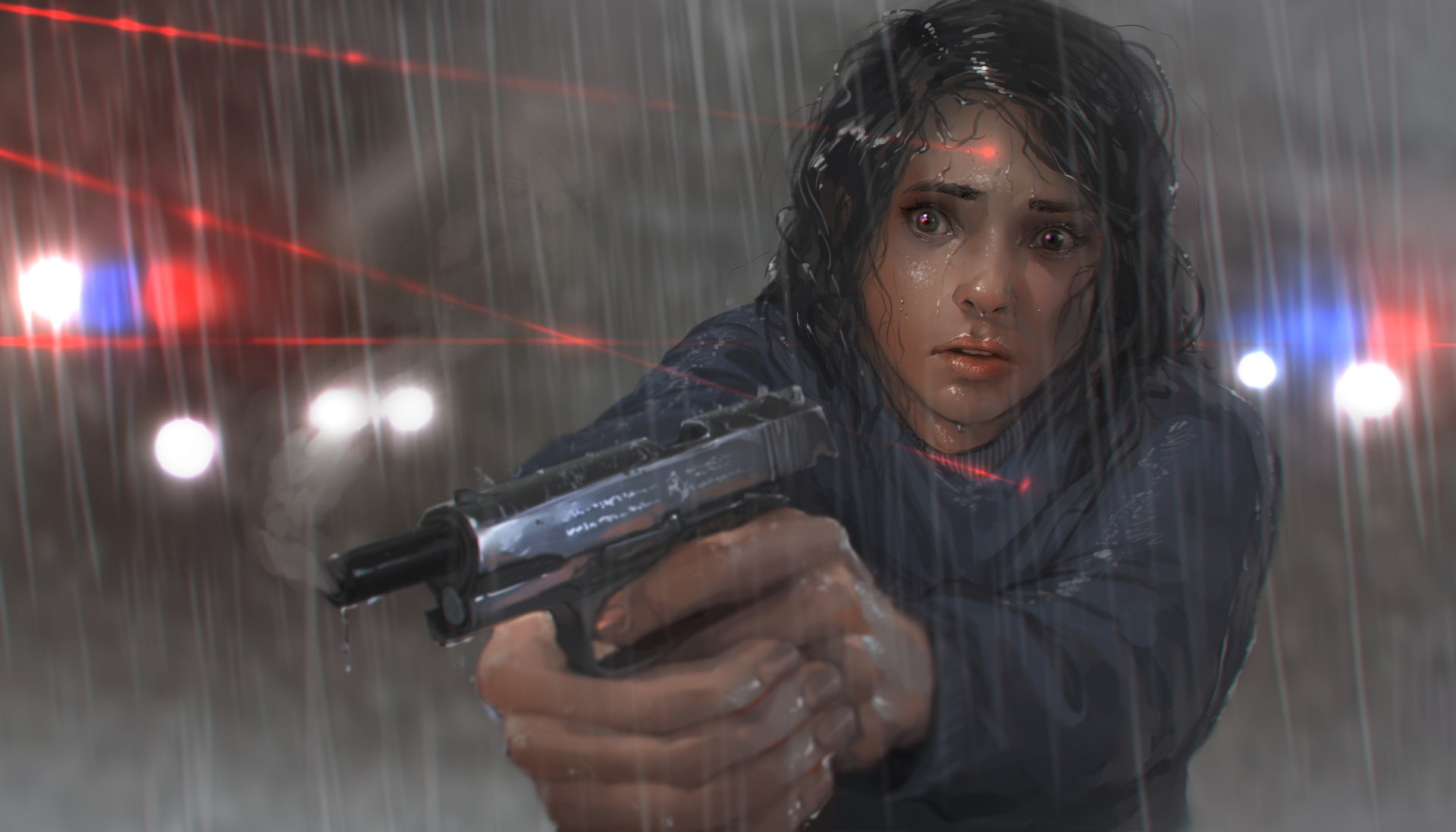 1080P, women, fan art, laser, police, rain, girls with guns, gun, HD Wallpaper
