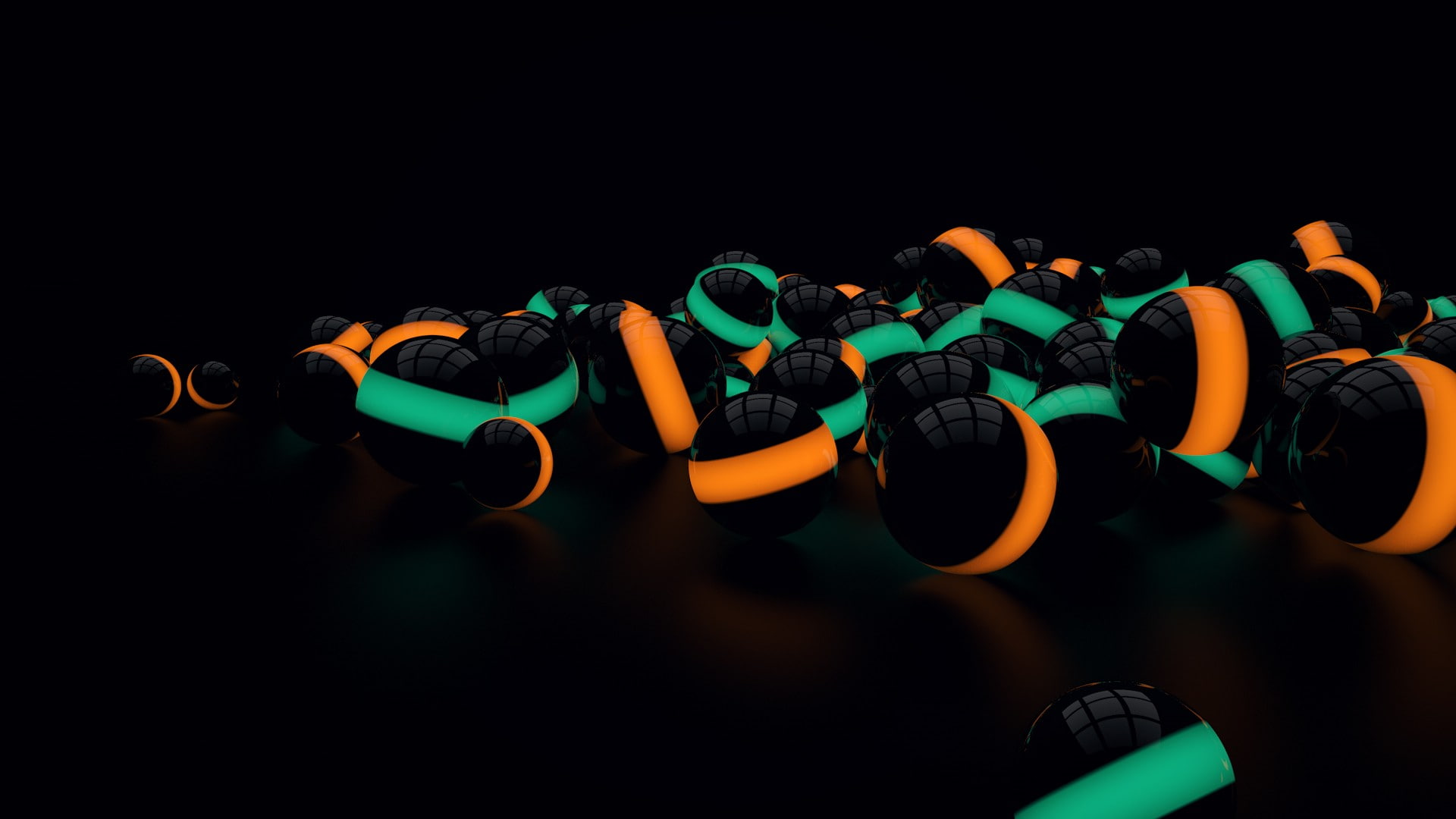 d, 3d, background, lights, balls, 1080P, led, black, orange, black background, green, HD Wallpaper