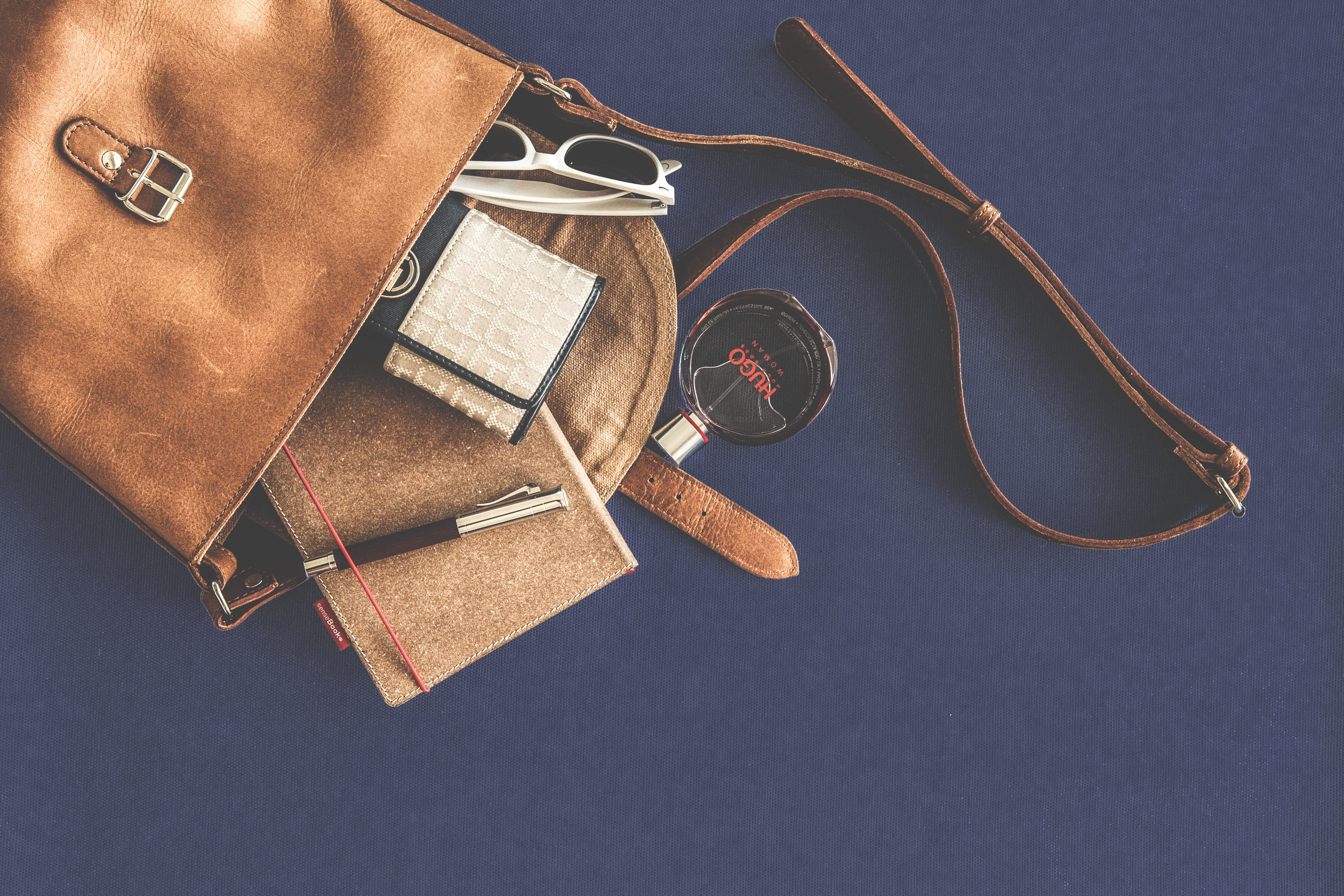 wallet, studio shot, Bag, food, Leather, food and drink, Fashion, 5K, blue background, technology, personal Accessory, glasses, high angle view, still life, HD Wallpaper