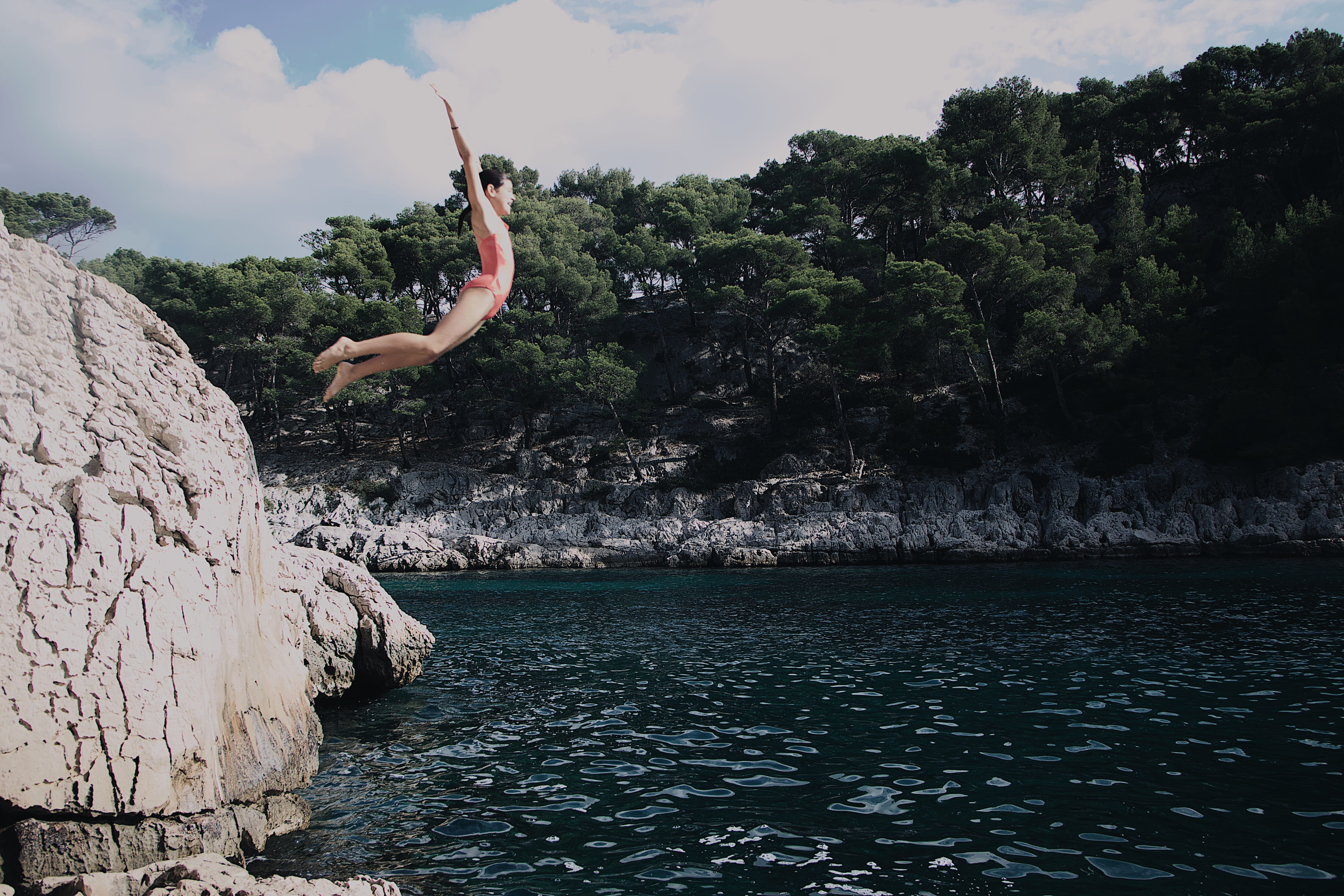 human, dive, sports, france, body, 5K, mid-air, sea, lifestyles, solid, cassis, diving, freedom, rock, diver, woman, real people, one person, scenics - nature, HD Wallpaper