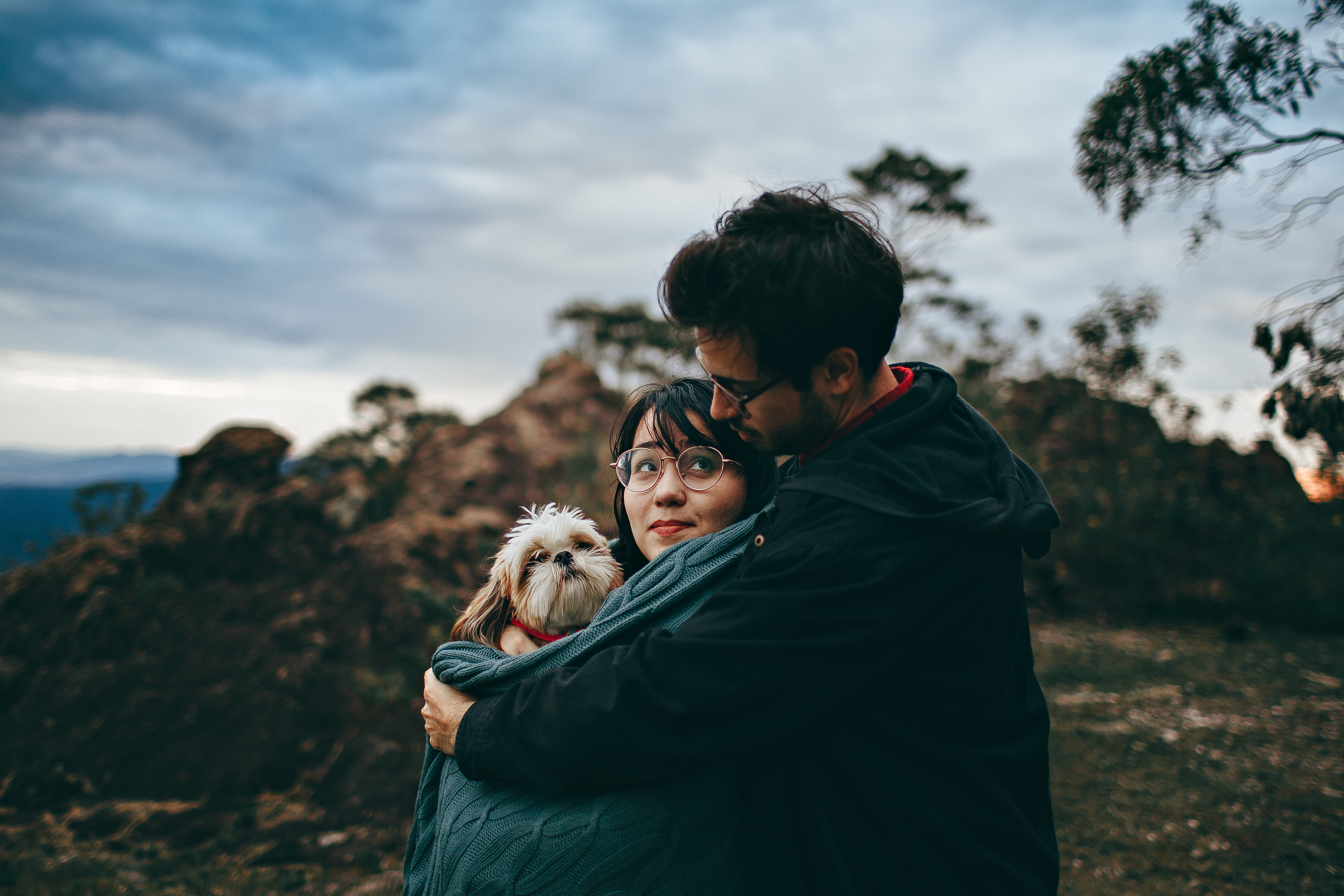 portrait, care, young, hug, outdoors, recreation, happiness, lifestyles, puppy, sky, daylight, bonding, adults, women, girlfriend, animal lover, dog, canine, HD Wallpaper