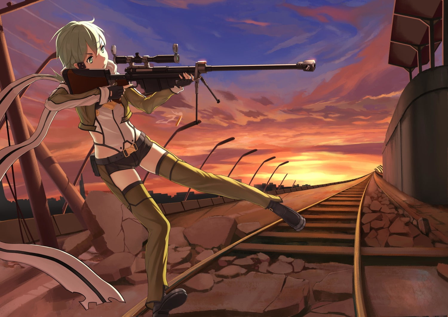 Sword Art Online, Asada Shino, short hair, anime girls, 720P, gun, anime, sniper rifle, weapon, HD Wallpaper