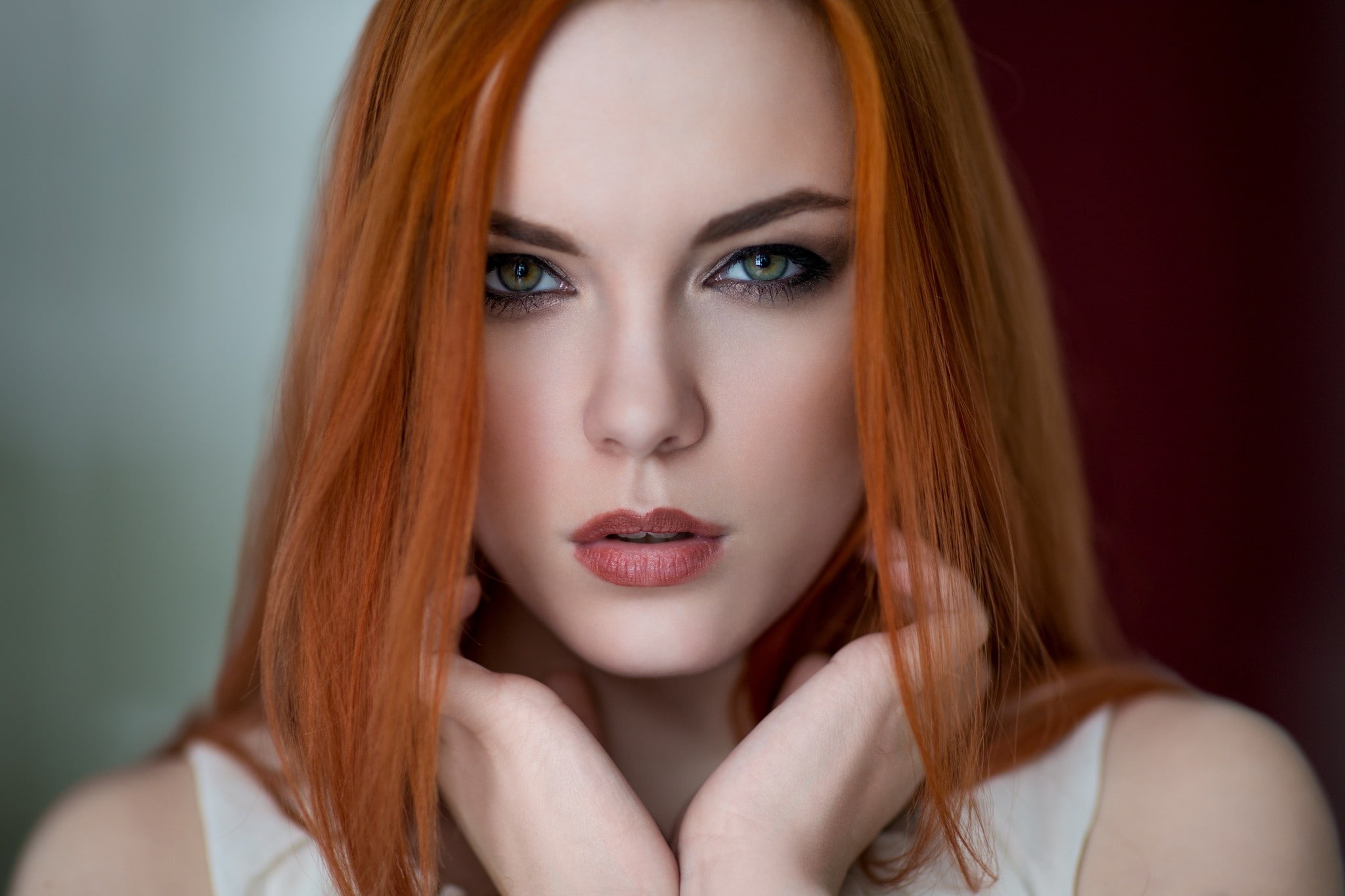 looking at viewer, red lipstick, hands on head, face, 1080P, hands, redhead, eyeliner, Zara Axeronias, women, white dress, HD Wallpaper