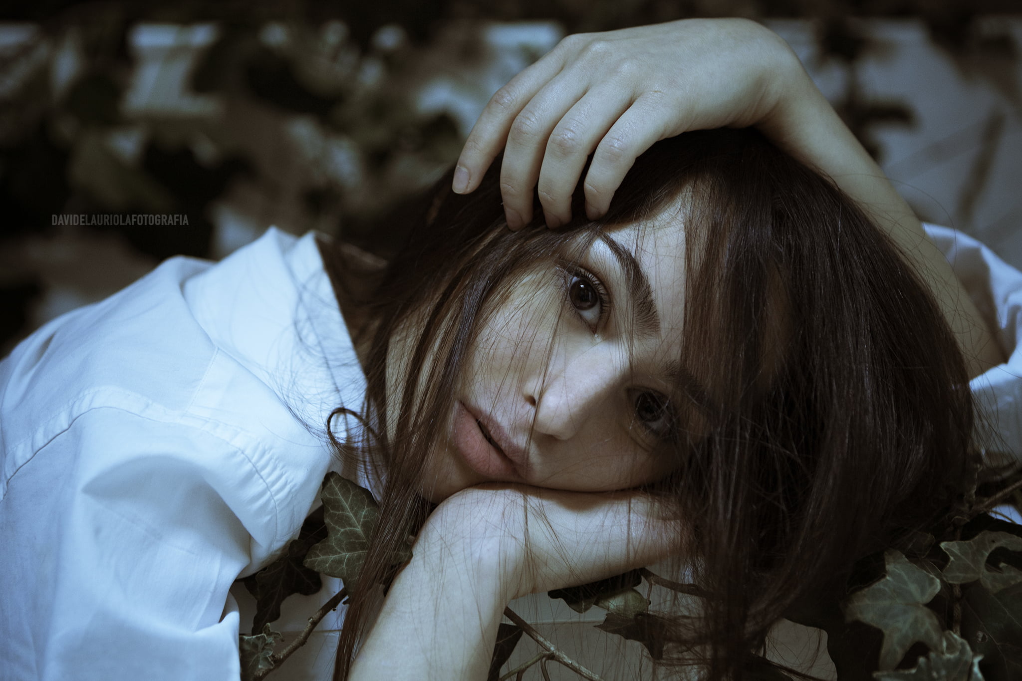 1080P, Zara Rabbani, brown eyes, brunette, portrait, white shirt, hands in hair, looking at viewer, model, Davide Lauriola, women, HD Wallpaper