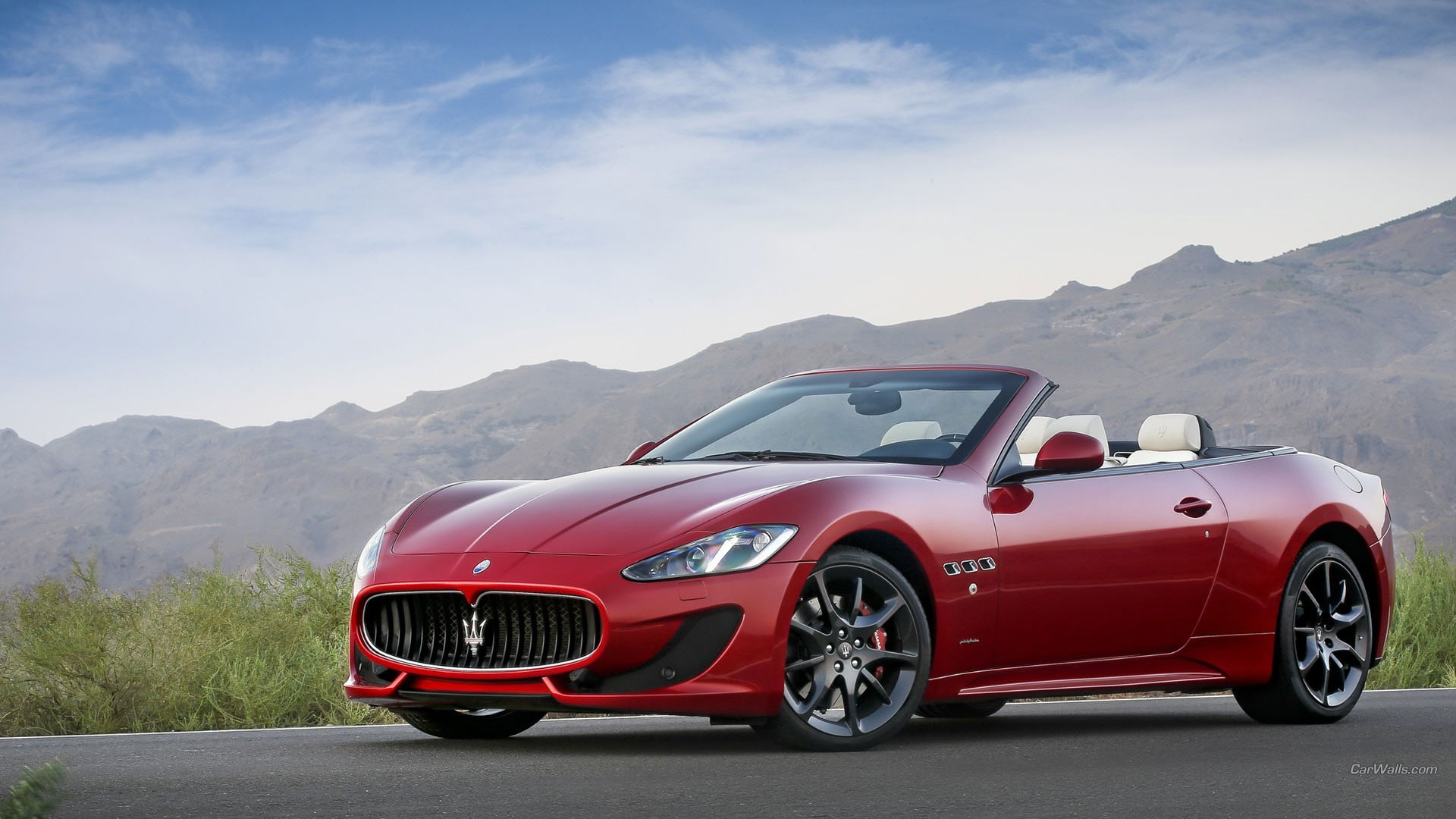 non-urban scene, sedan, benz, convertible, 1080P, Maserati GranCabrio, nature, no people, mode of transportation, mountain, road, red, environment, road trip, HD Wallpaper