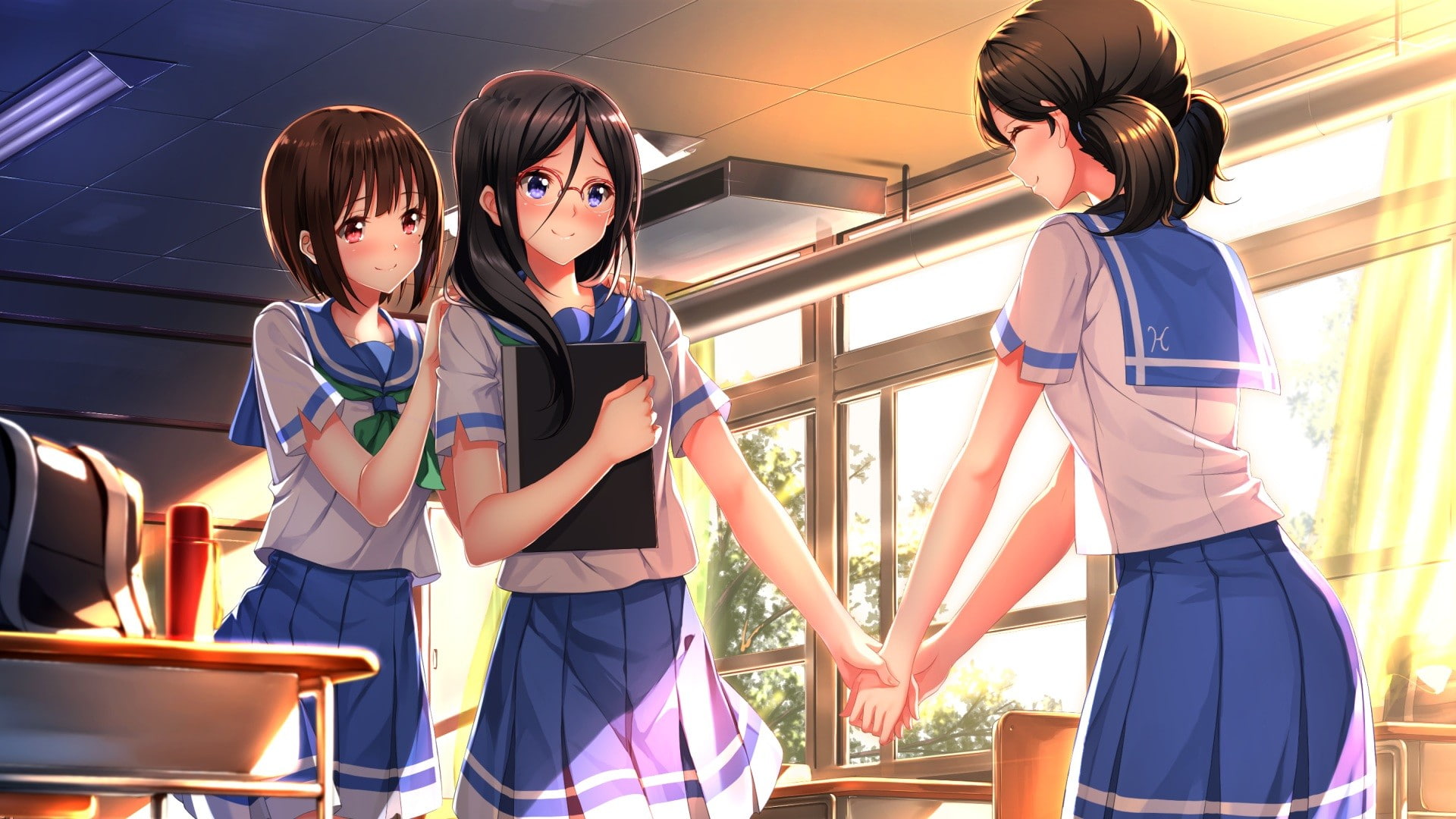 Hibike! Euphonium, Ogasawara Haruka, black hair, 1080P, Nakaseko Kaori, red eyes, anime, blue eyes, brunette, glasses, short hair, school uniform, anime girls, HD Wallpaper