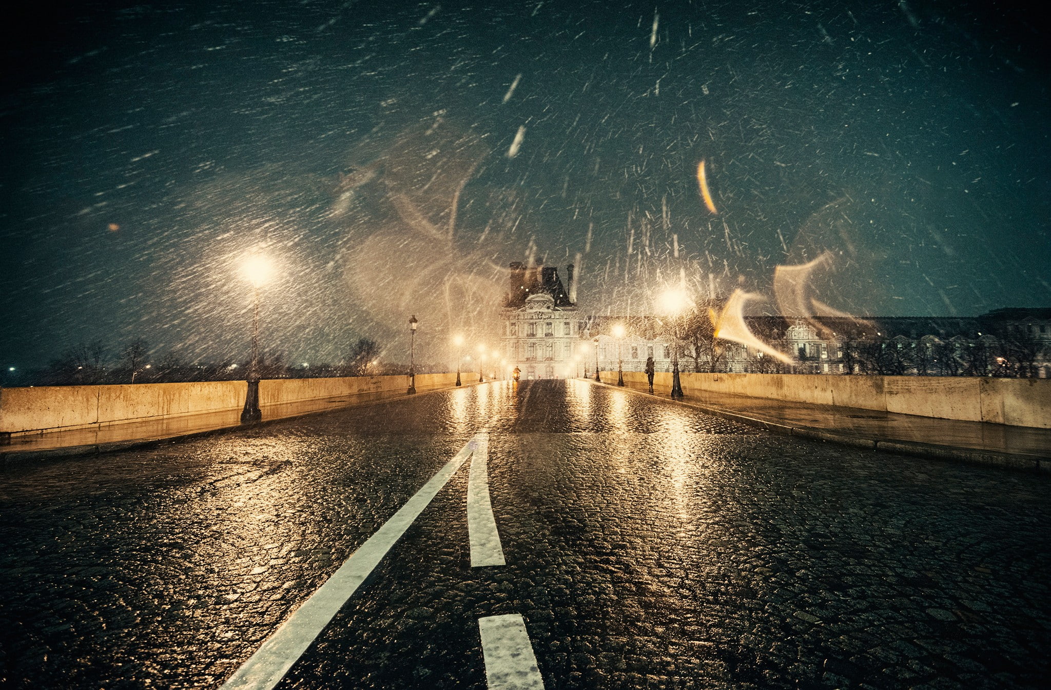 lights, night, reflection, no people, rainy season, architecture, outdoors, the way forward, snow flakes, street, city, direction, transportation, rain, HD Wallpaper