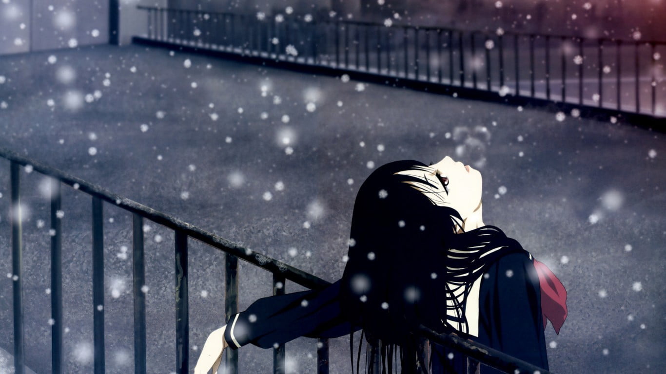 winter, school, leisure activity, anime, focus on foreground, anime girls, clothing, wearing, sky, holding, snowing, cold temperature, nature, unrecognizable person, HD Wallpaper