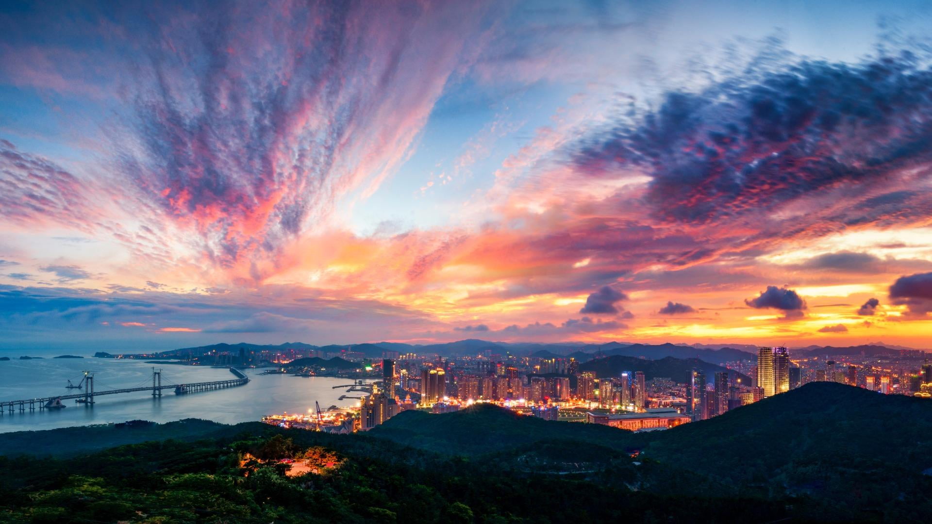 cloud - sky, building, dramatic sky, sky, scenics - nature, china, water, dusk, landscape, architecture, building exterior, city, hangzhou, asia, nature, HD Wallpaper
