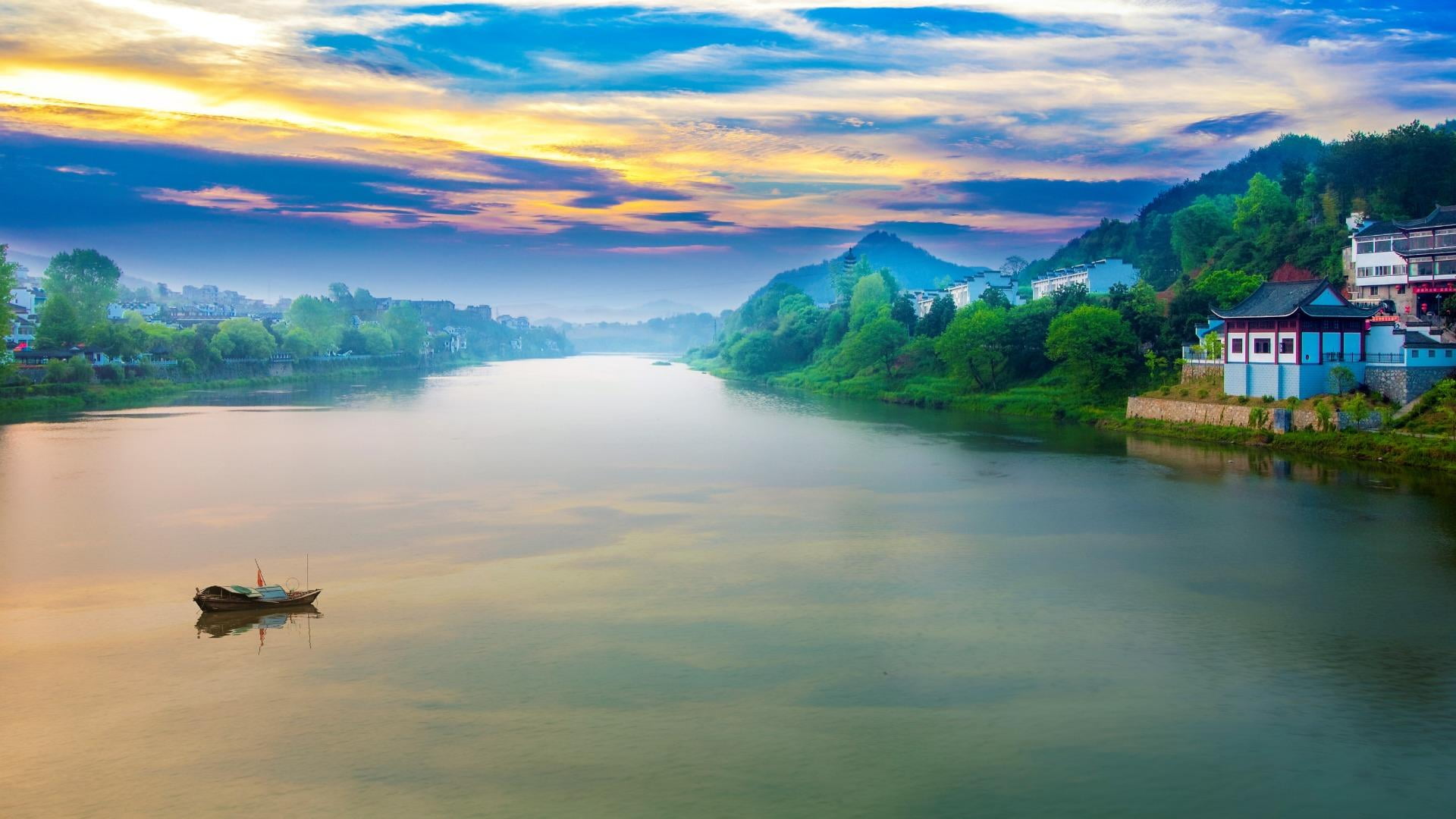 tranquil scene, dawn, scenics - nature, reflection, waterfront, landscape, china, built structure, beauty in nature, plant, tree, 1080P, river, outdoors, HD Wallpaper