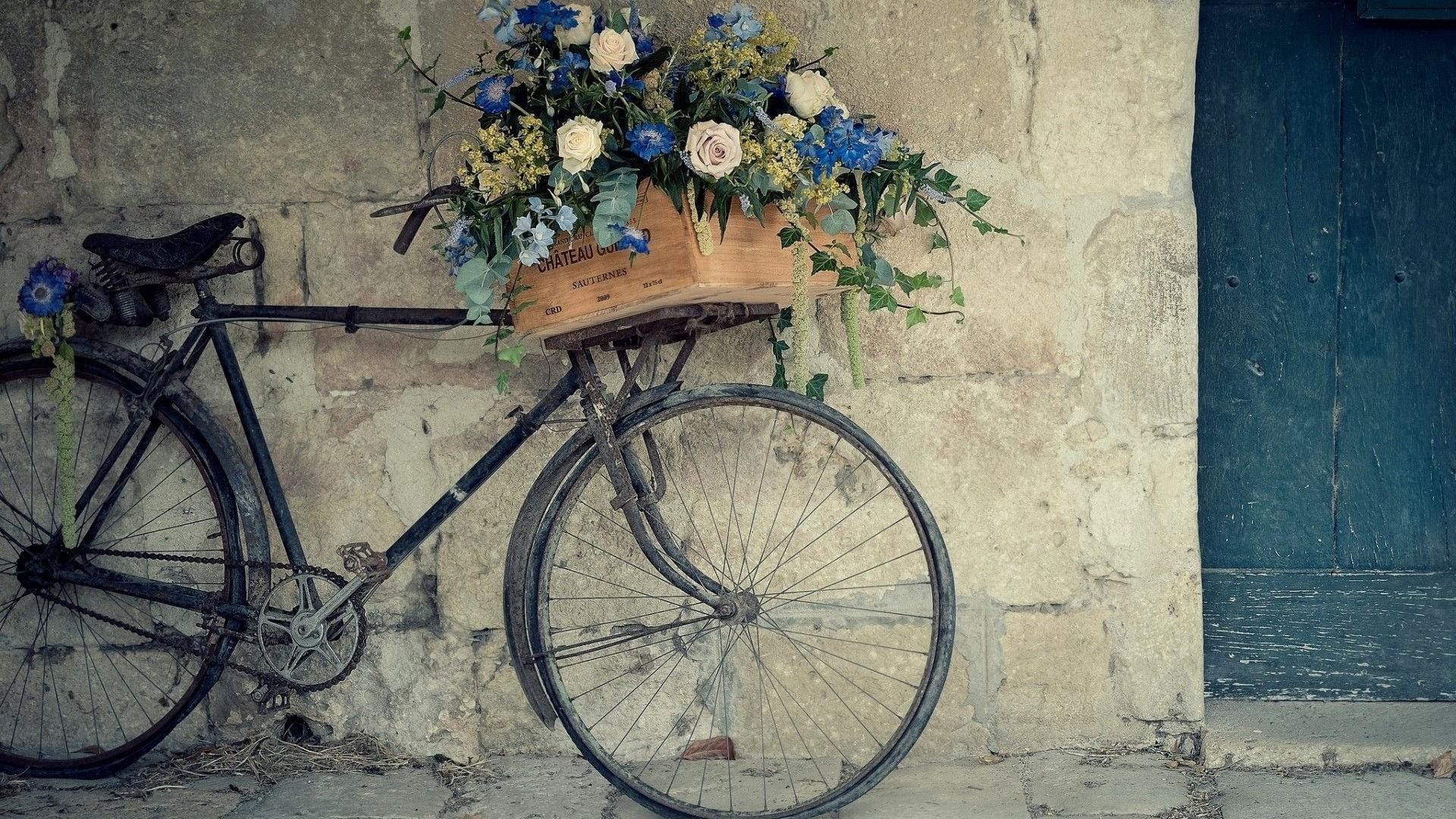 bouquet, flowers, bin, bicycle, bike, vintage, 1080P, HD Wallpaper