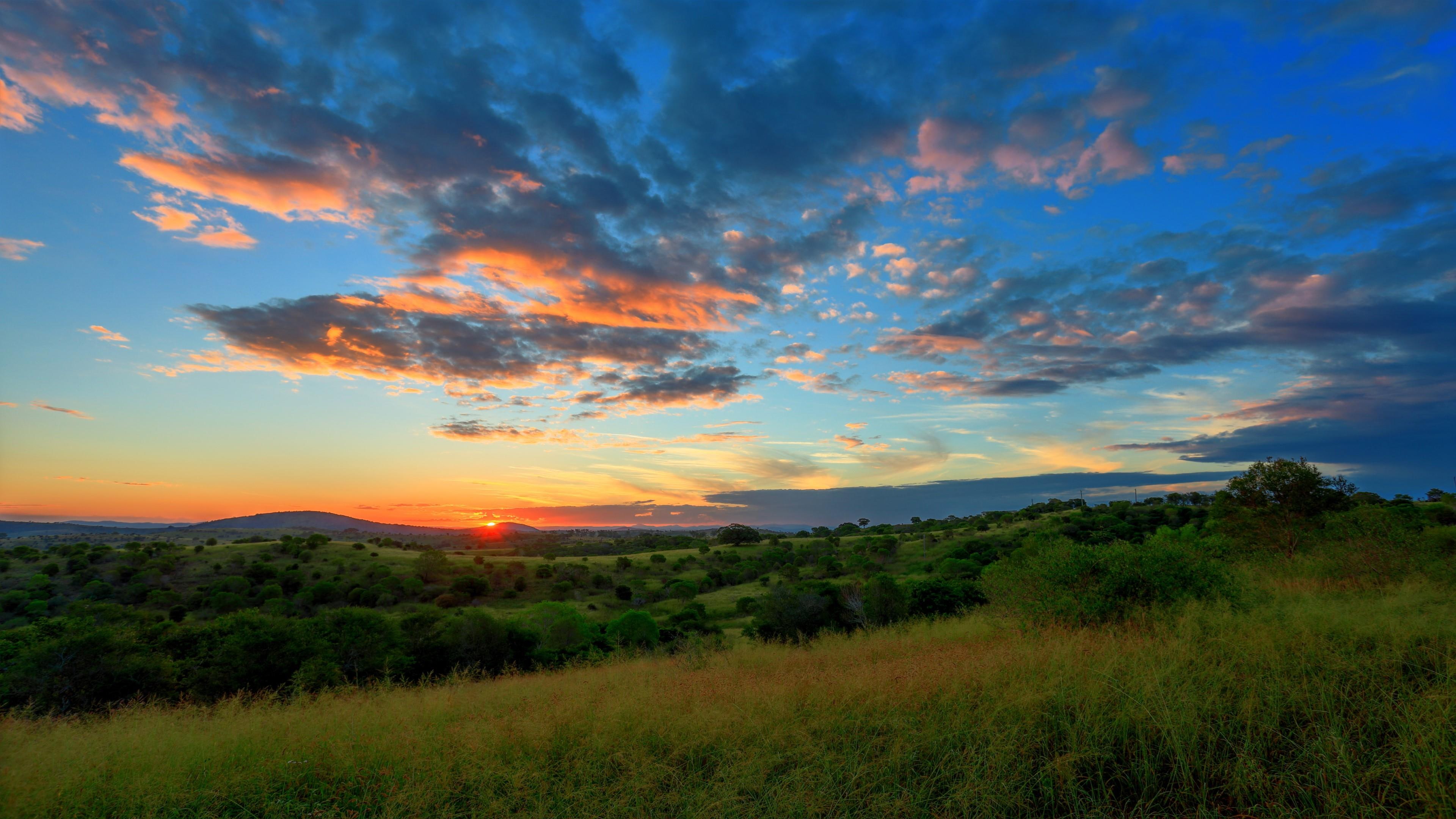 hills, sky, 4K, field, sun, landscape, grass, sunset, HD Wallpaper