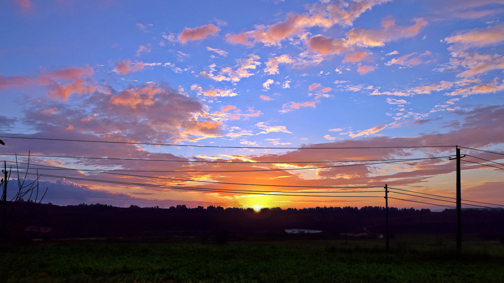 orange color, electricity, land, scenics - nature, landscape, sunset, clouds, cloud - sky, tranquil scene, nature, outdoors, power line, romantic sky, cable, HD Wallpaper