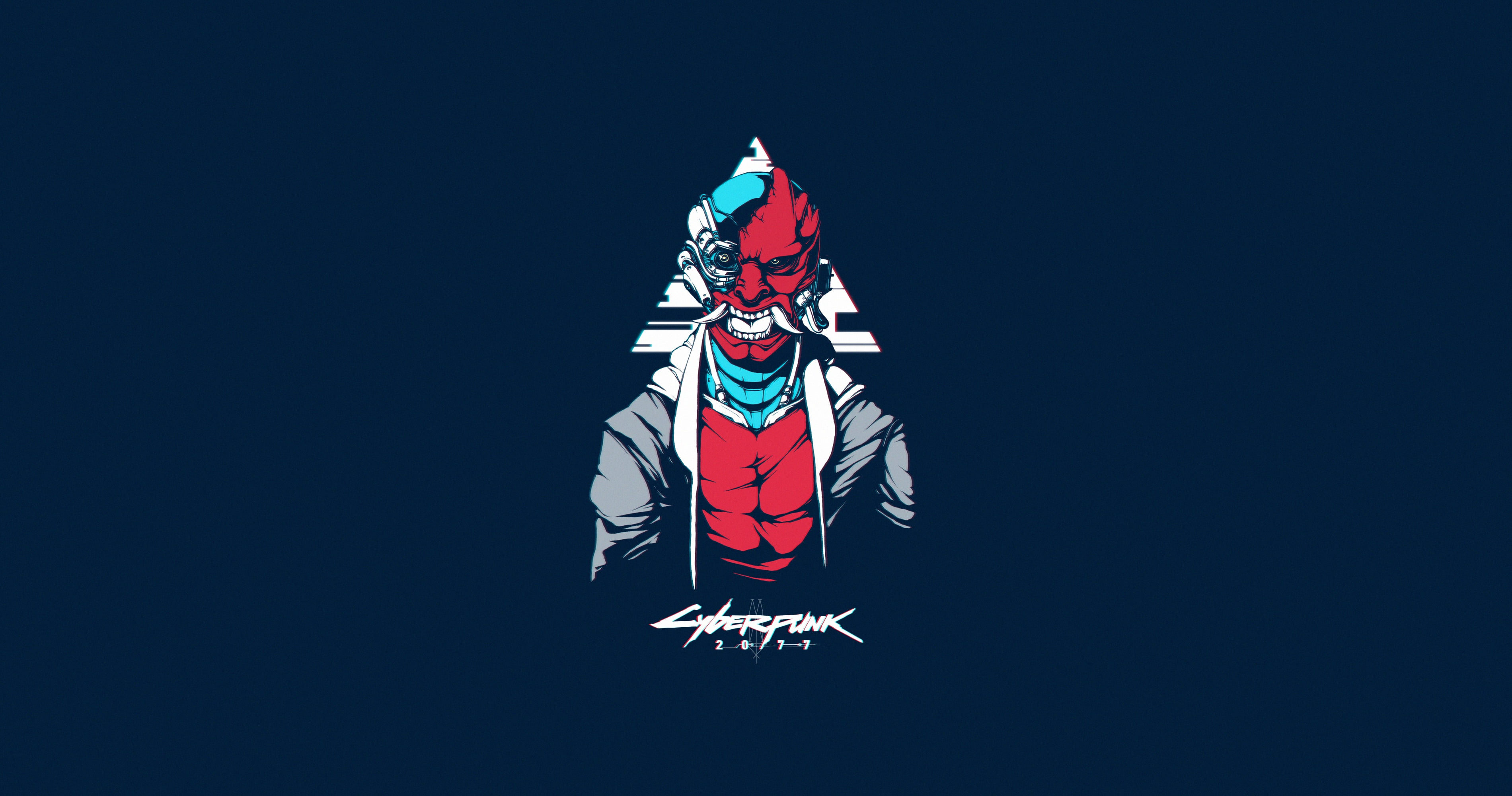 cyborg, artwork, cyberpunk, blue background, 2K, Cyberpunk 2077, simple background, HD Wallpaper