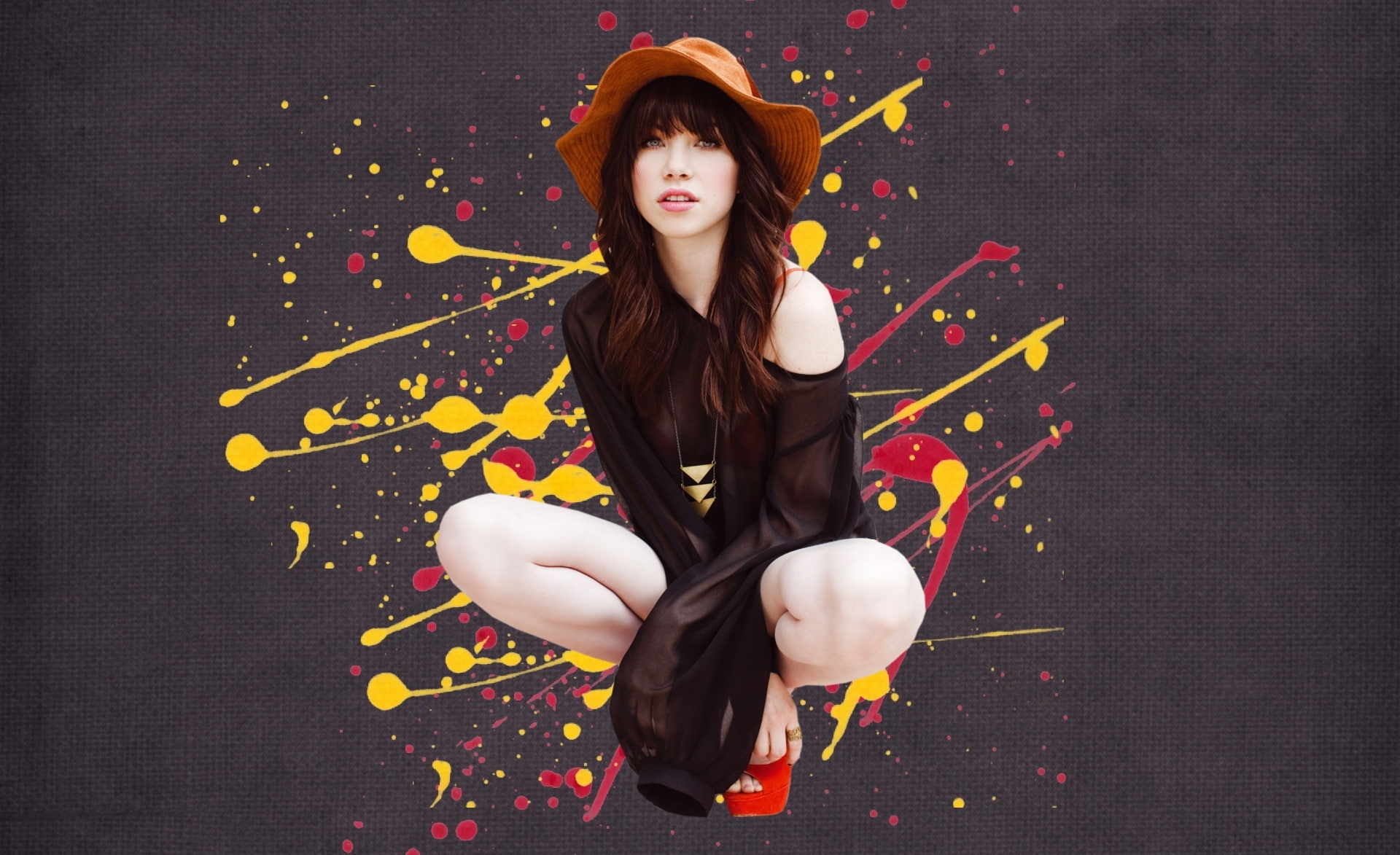 adult, front view, indoors, multi colored, contemplation, carly, rae, 1080P, jepsen, long hair, one person, women, brown, confetti, leisure activity, high angle view, HD Wallpaper