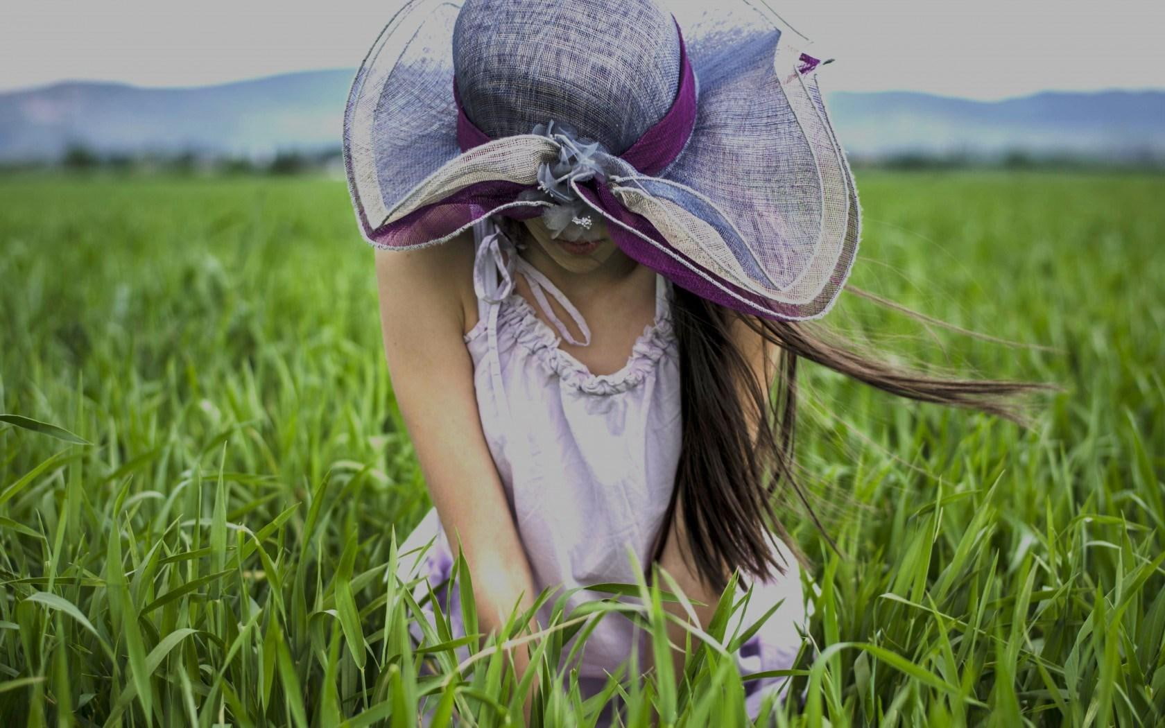 grey, mood, floppy, dress, sleeveless, purple, women, girl, hat, 720P, s, field, HD Wallpaper
