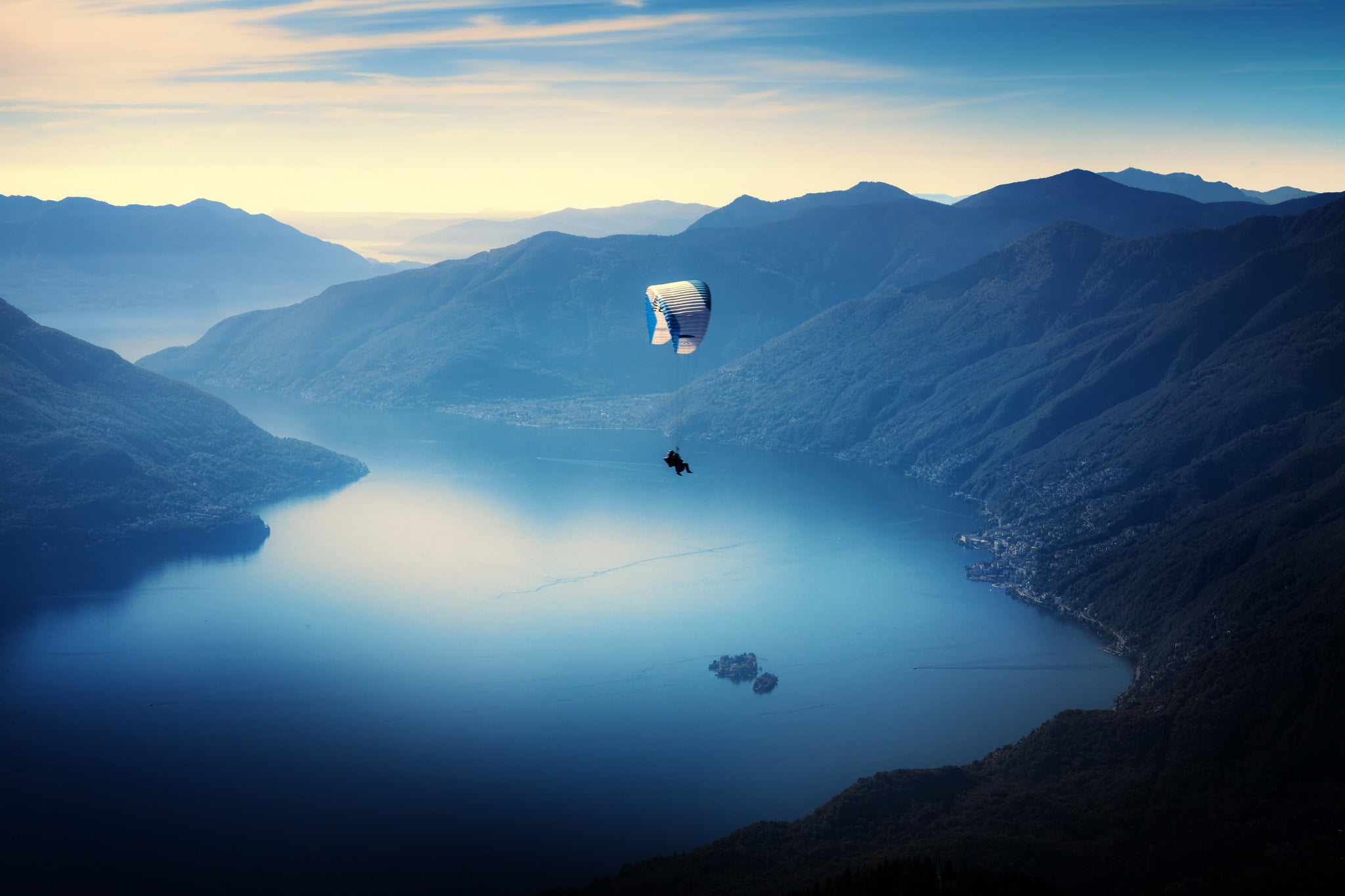 unrecognizable person, paragliding, mountains, landscape, tranquility, extreme sports, flying, 1080P, beauty in nature, calm, sky, non-urban scene, mountain, HD Wallpaper