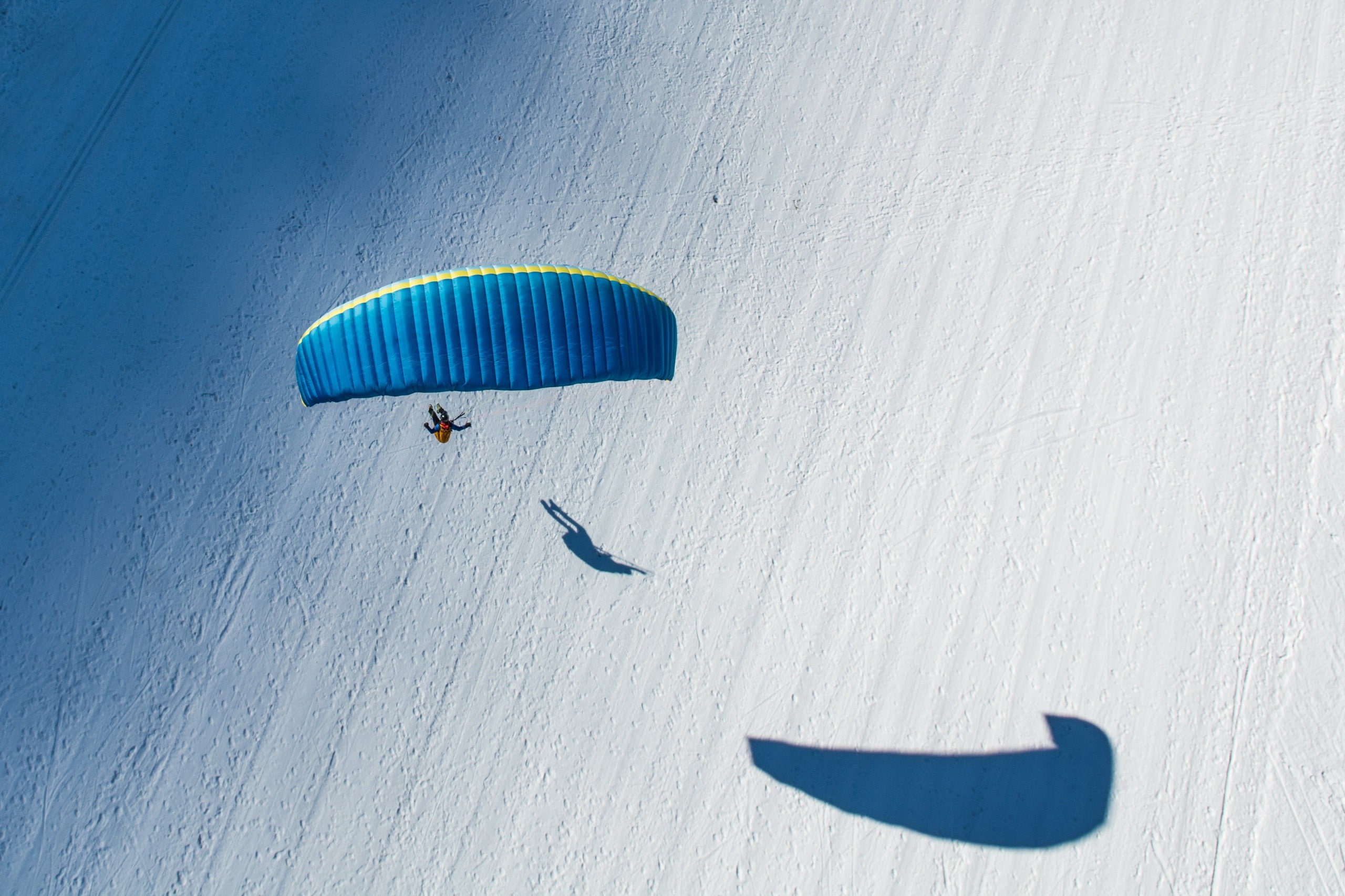 snow, aerial view, parachutes, 2K, winter, HD Wallpaper