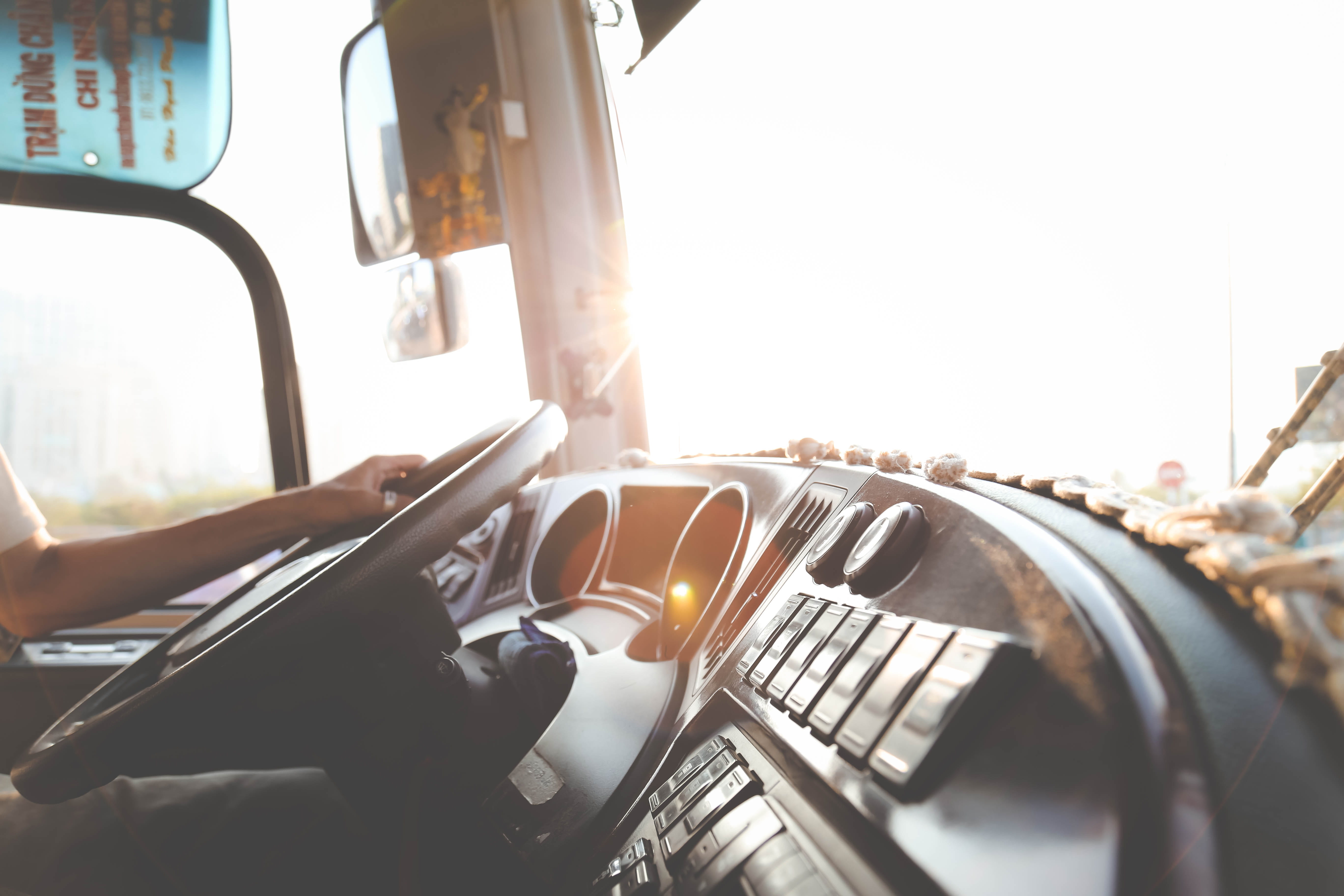 steering wheel, car interior, sunlight, steering, hand, traffic, person, trip (journey), bus, morning sun, seat, one person, transportation system, wheel, HD Wallpaper