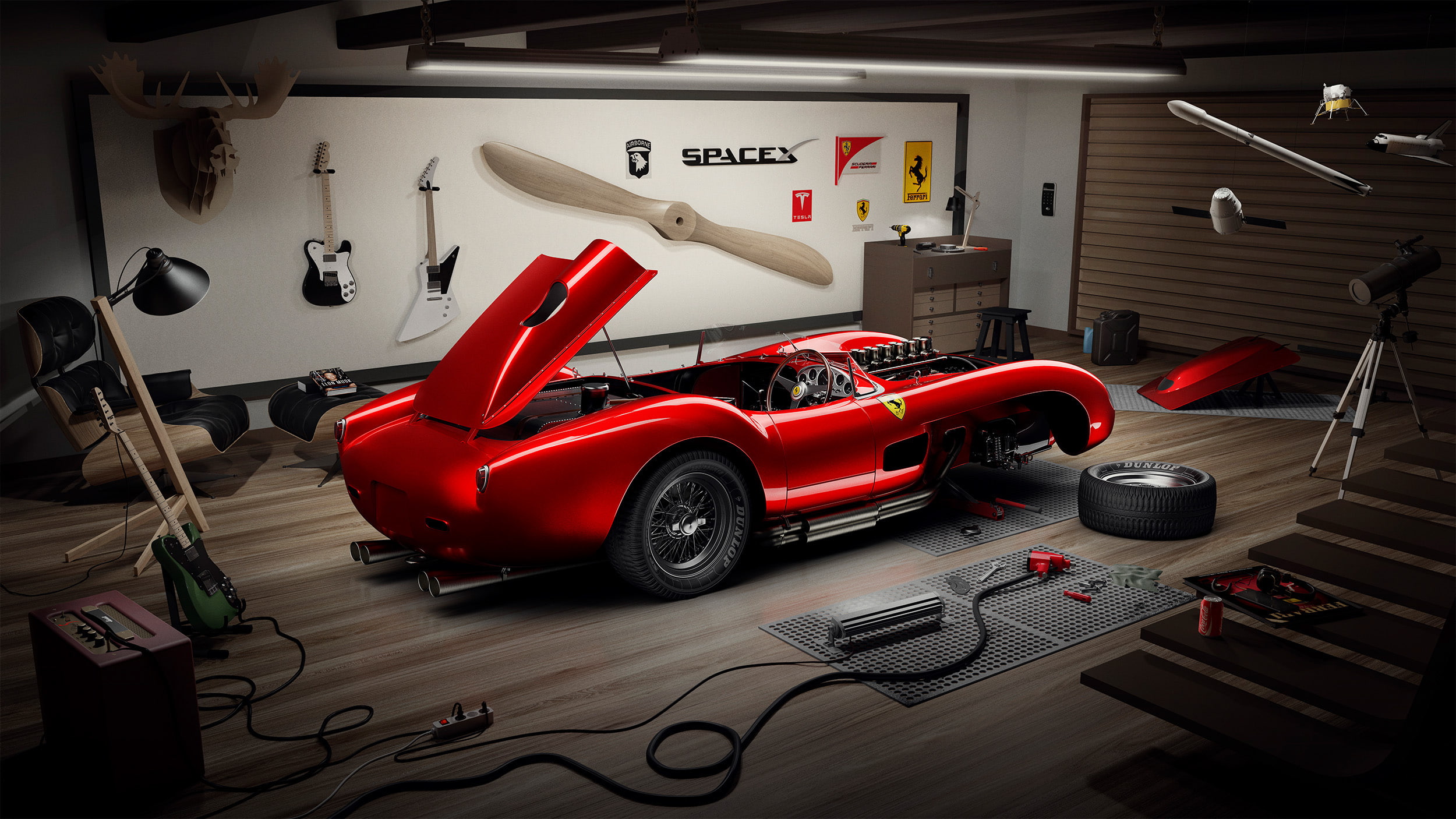 SpaceX, Ferrari 250 Testa Rossa, Guitars, Garage, 1080P, HD Wallpaper