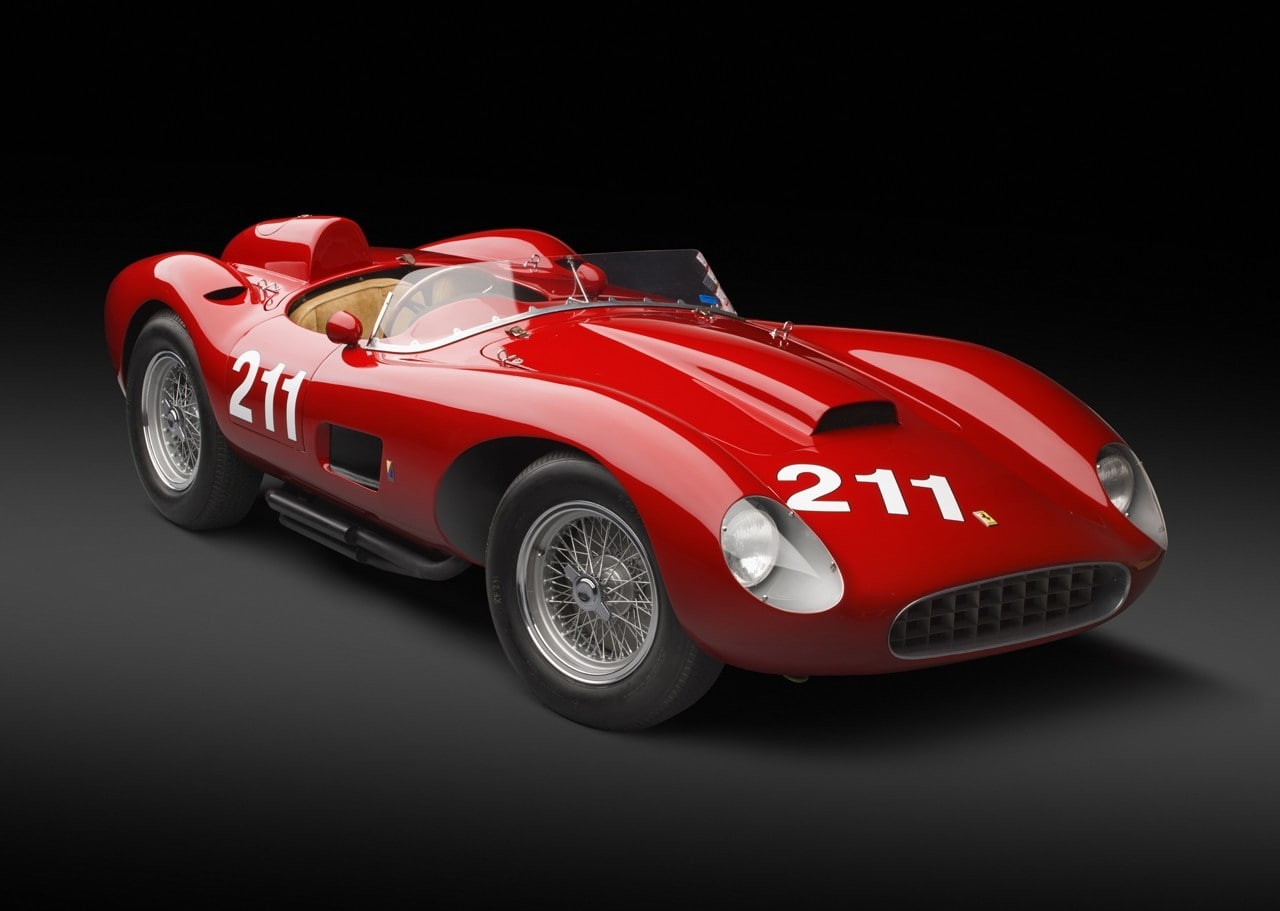 ferrari testa rossa ferrari 250 1957 ferrari, shiny, 720P, clean, indoors, black background, chrome, silver colored, tire, auto racing, wheel, convertible, HD Wallpaper
