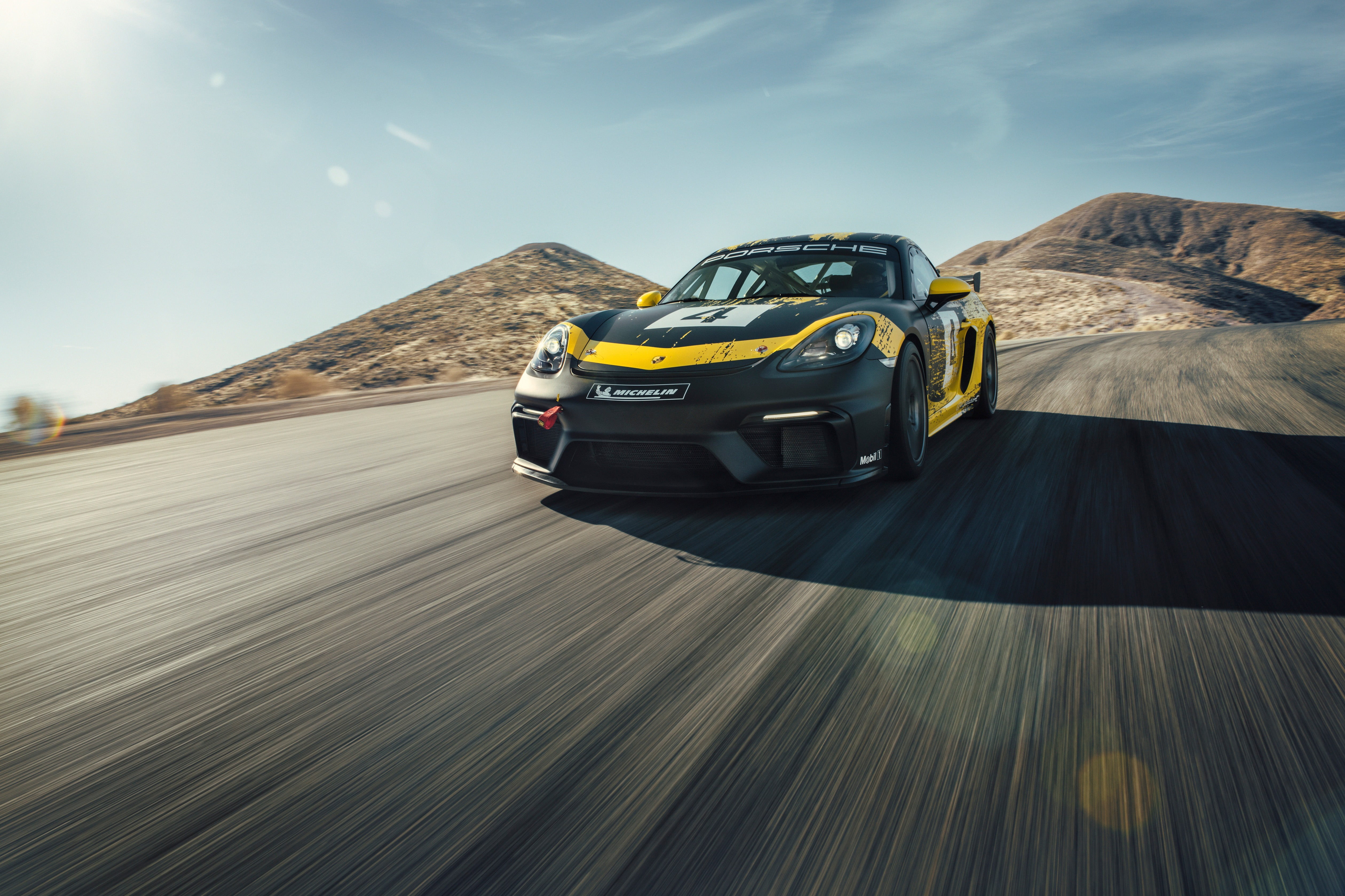machine, mountains, speed, sports, coupe, 718, Clubsport, Cayman GT4, 4K, Porsche, the sun, HD Wallpaper